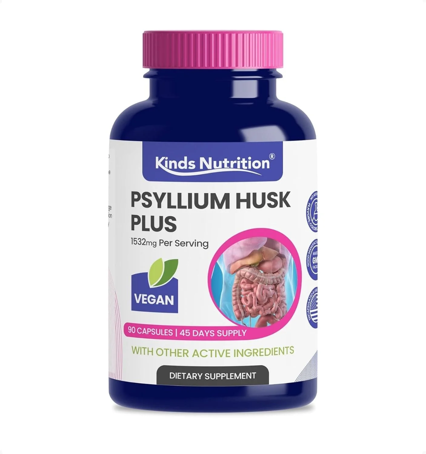 Psyllium Husk Fiber Capsules Complemented by Expertly Selected Ingredients, Natural Soluble Fiber Supplement, Supports Digestive and Colon Health, Regularity Support, Vegan, Non-GMO, 90 Capsules
