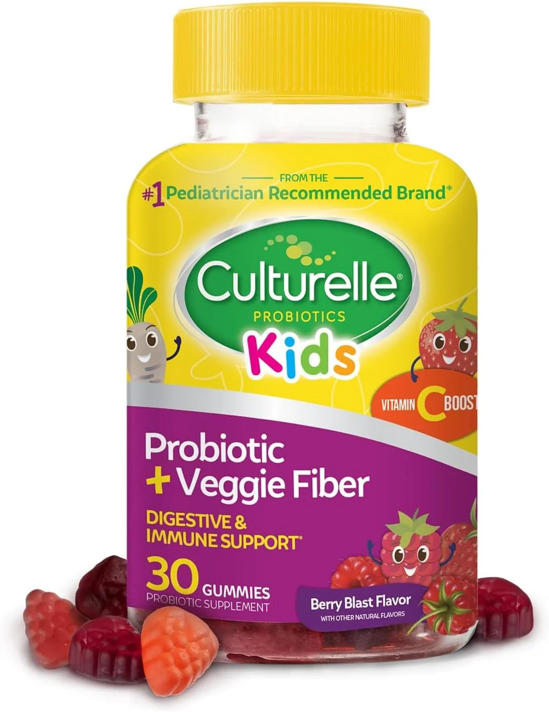 پاستیل پروبیوتیک روزانه Culturelle برای کودکان + فیبر سبزیجات (3 سال به بالا) - 30 عدد - سلامت دستگاه گوارش و تقویت سیستم ایمنی - طعم توت با تقویت ویتامین C