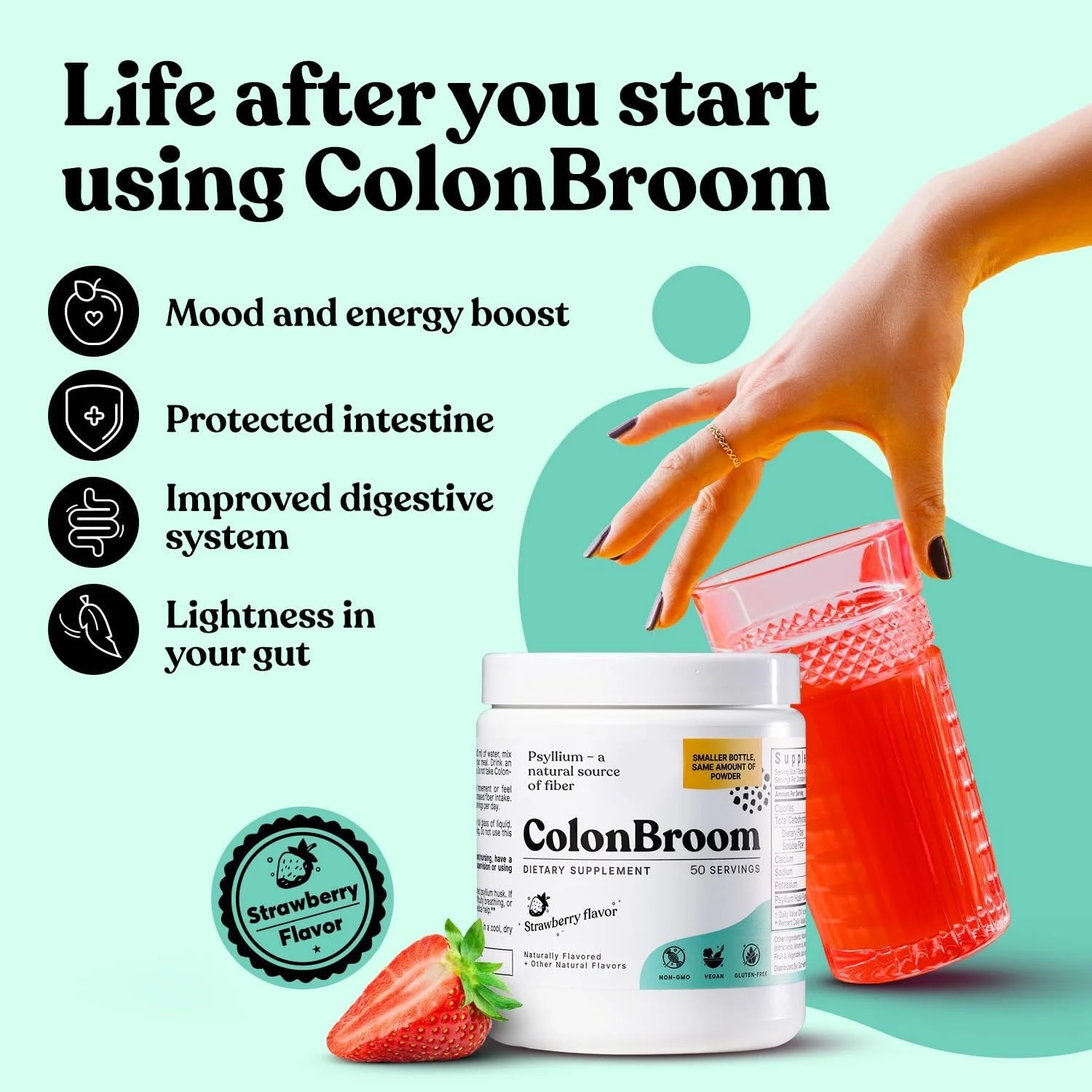 ColonBroom Psyllium Husk Powder (Strawberry) - Colon Cleanse for Bloating Relief & Gut Health - Colon Broom Fiber Powder Drink - Vegan, Gluten Free, Non-GMO Fiber Powder Supplement, 50 Servings ColonBroom Psyllium Husk Powder (Strawberry) - Colon Cleanse for Bloating Relief & Gut Health - Colon Broom Fiber Powder Drink - Vegan, Gluten Free, Non-GMO Fiber Powder Supplement, 50 Servings