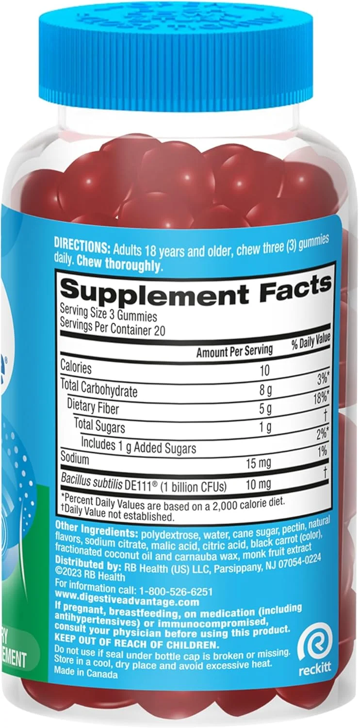 پاستیل فیبر پری بیوتیک Digestive Advantage + پروبیوتیک برای سلامت دستگاه گوارش، پاستیل های روزانه برای زنان و مردان، مکمل گوارشی برای تنظیم و سلامت روده، 60 عدد با طعم توت فرنگی