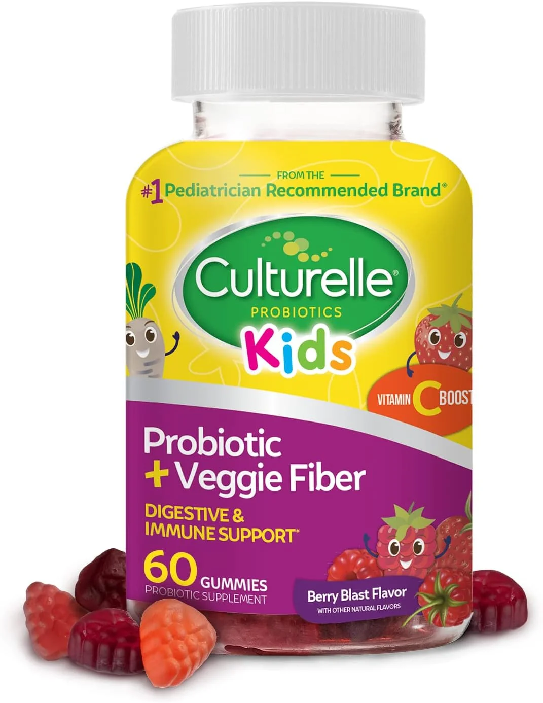 پاستیل پروبیوتیک روزانه Culturelle برای کودکان + فیبر سبزیجات (3 سال به بالا) - 60 عدد - سلامت دستگاه گوارش و تقویت سیستم ایمنی - طعم توت با تقویت ویتامین C