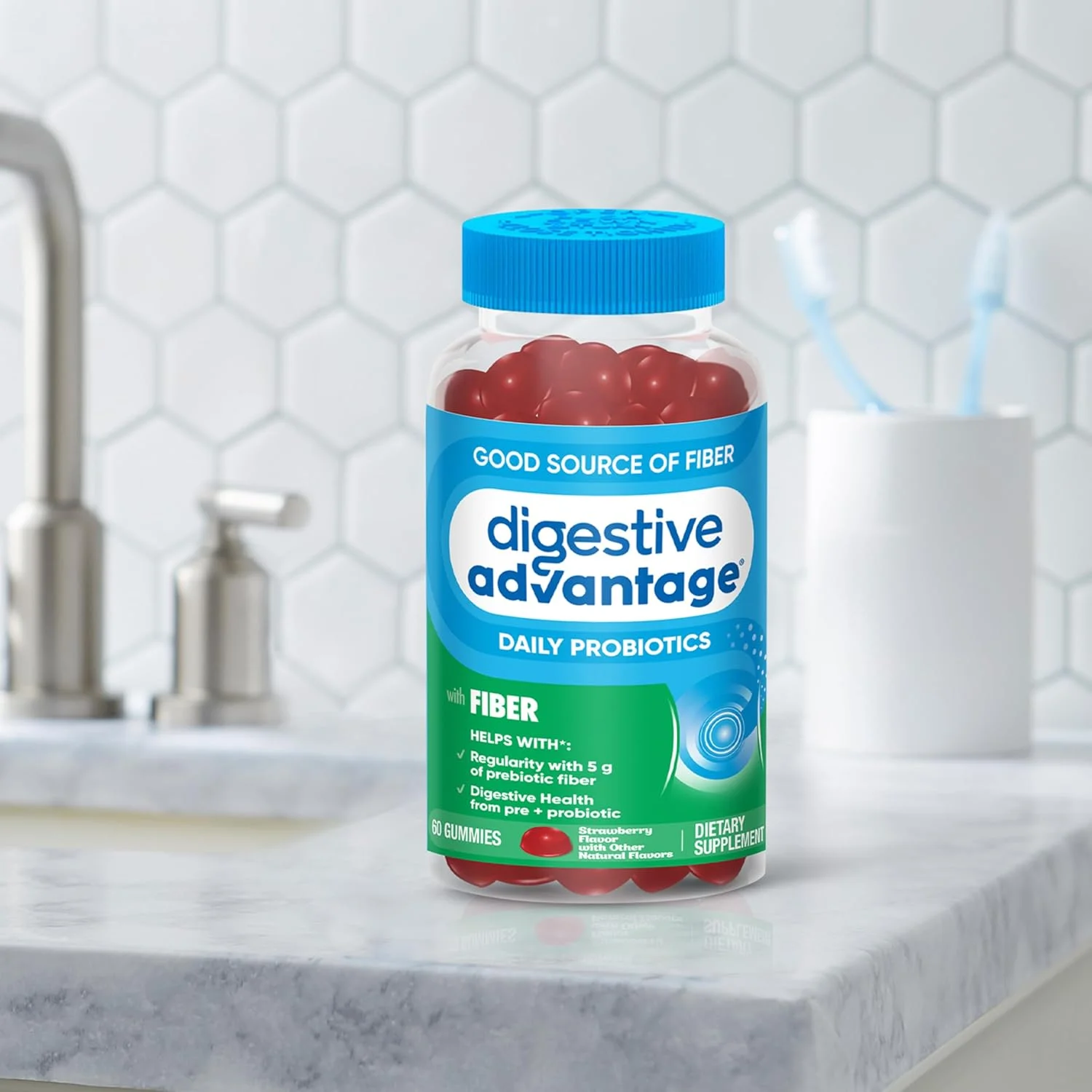 پاستیل فیبر پری بیوتیک Digestive Advantage + پروبیوتیک برای سلامت دستگاه گوارش، پاستیل های روزانه برای زنان و مردان، مکمل گوارشی برای تنظیم و سلامت روده، 60 عدد با طعم توت فرنگی