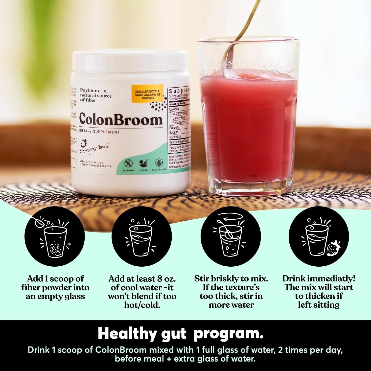ColonBroom Psyllium Husk Powder (Strawberry) - Colon Cleanse for Bloating Relief & Gut Health - Colon Broom Fiber Powder Drink - Vegan, Gluten Free, Non-GMO Fiber Powder Supplement, 50 Servings ColonBroom Psyllium Husk Powder (Strawberry) - Colon Cleanse for Bloating Relief & Gut Health - Colon Broom Fiber Powder Drink - Vegan, Gluten Free, Non-GMO Fiber Powder Supplement, 50 Servings