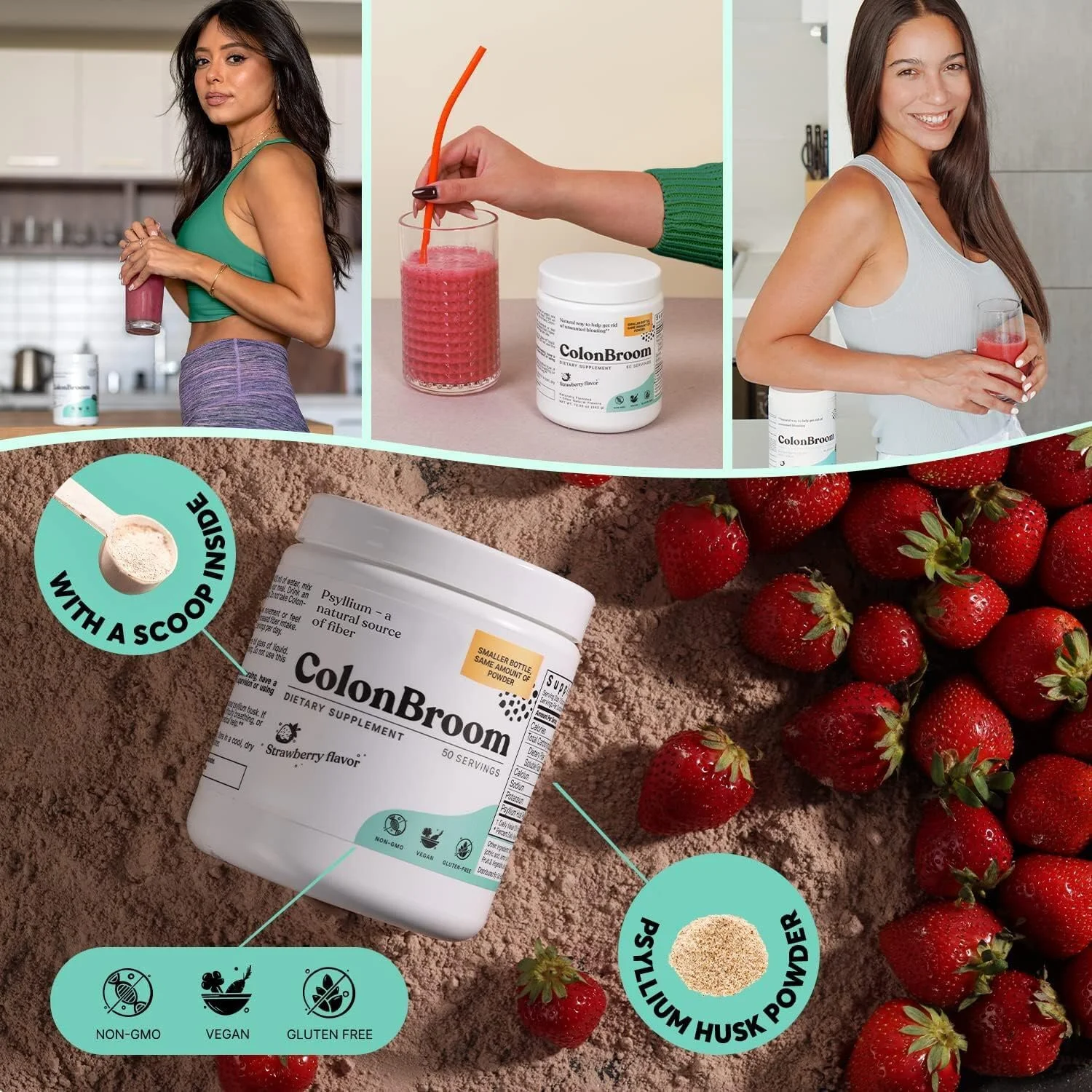 ColonBroom Psyllium Husk Powder (Strawberry) - Colon Cleanse for Bloating Relief & Gut Health - Colon Broom Fiber Powder Drink - Vegan, Gluten Free, Non-GMO Fiber Powder Supplement, 50 Servings ColonBroom Psyllium Husk Powder (Strawberry) - Colon Cleanse for Bloating Relief & Gut Health - Colon Broom Fiber Powder Drink - Vegan, Gluten Free, Non-GMO Fiber Powder Supplement, 50 Servings