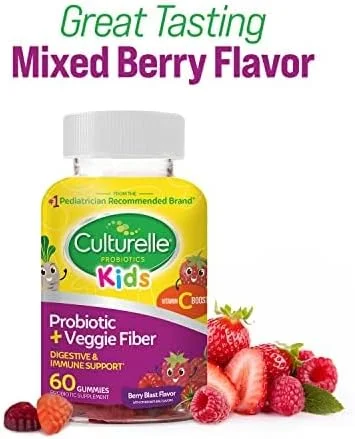 پاستیل پروبیوتیک روزانه Culturelle برای کودکان + فیبر سبزیجات (3 سال به بالا) - 60 عدد - سلامت دستگاه گوارش و تقویت سیستم ایمنی - طعم توت با تقویت ویتامین C
