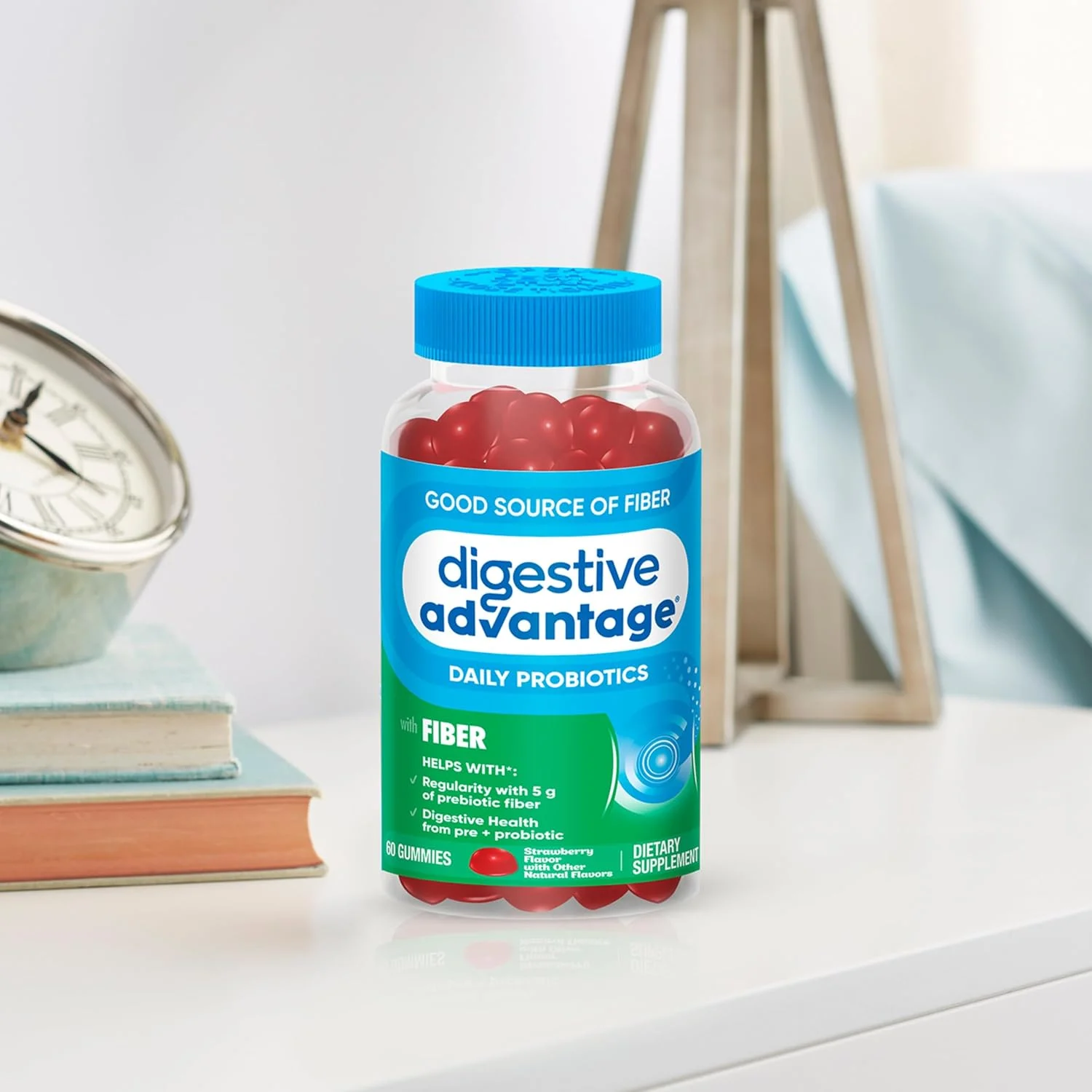 پاستیل فیبر پری بیوتیک Digestive Advantage + پروبیوتیک برای سلامت دستگاه گوارش، پاستیل های روزانه برای زنان و مردان، مکمل گوارشی برای تنظیم و سلامت روده، 60 عدد با طعم توت فرنگی