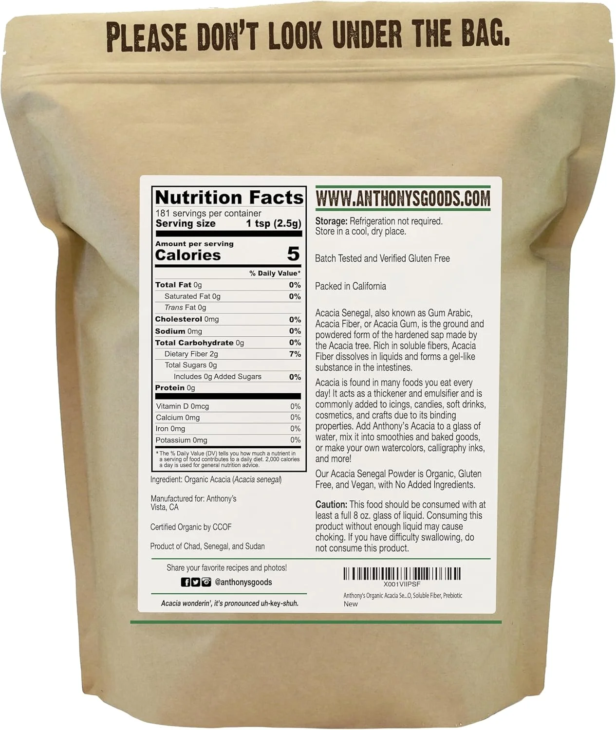 Anthony's Organic Acacia Senegal Powder, 1 lb, Batch Tested Gluten Free, Non GMO, Soluble Fiber, Prebiotic