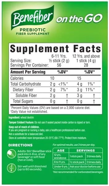 Benefiber On the Go Prebiotic Fiber Supplement Powder for Digestive Health, Daily Fiber Powder, Unflavored Powder Stick Packs - 28 Sticks (3.92 Ounces)
