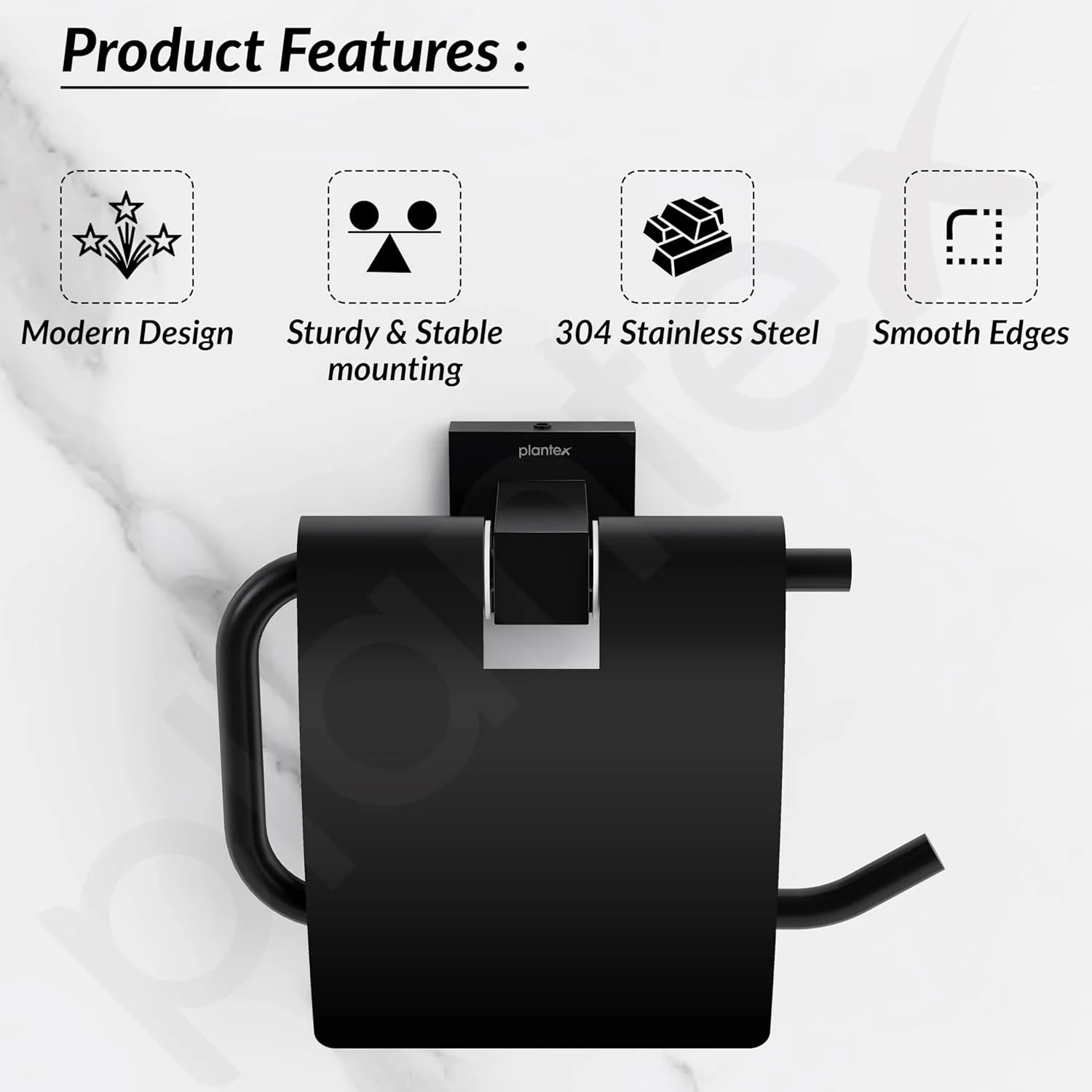 نگهدارنده رول دستمال توالت Plantex از جنس استیل ضد زنگ گرید 304، مناسب لوازم جانبی حمام - نصب دیواری (مشکی مات)