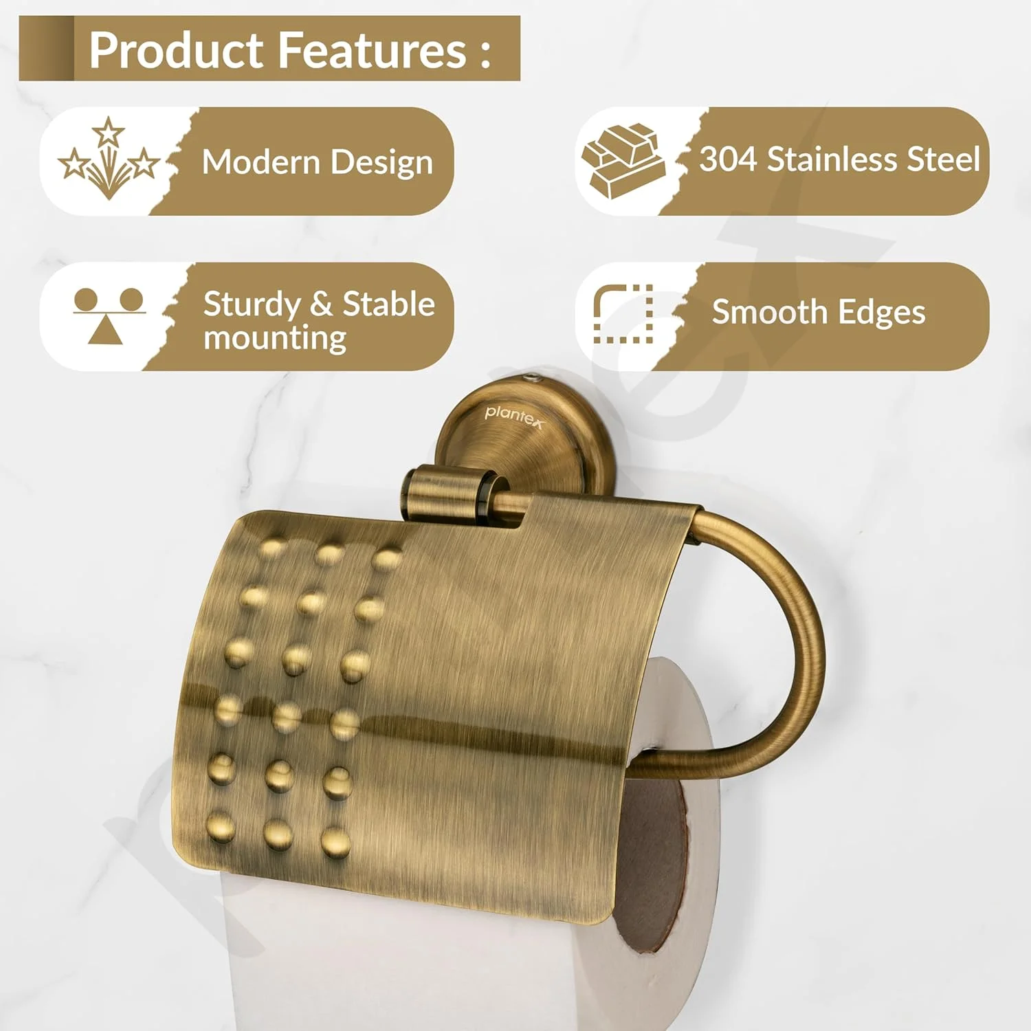 نگهدارنده رول دستمال کاغذی Plantex Platinum استیل ضد زنگ گرید 304 Niko، مناسب برای دستشویی/آشپزخانه/لوازم جانبی حمام (برنجی عتیقه) - بسته 1 عددی