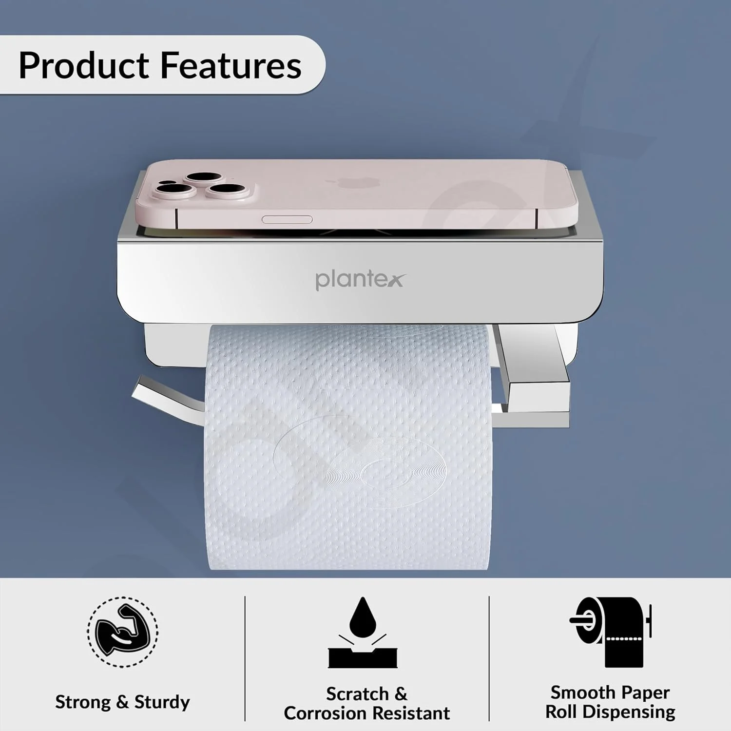 جا دستمال کاغذی و نگهدارنده موبایل Plantex Platinum از جنس استیل ضد زنگ 304، لوازم جانبی حمام (کروم)