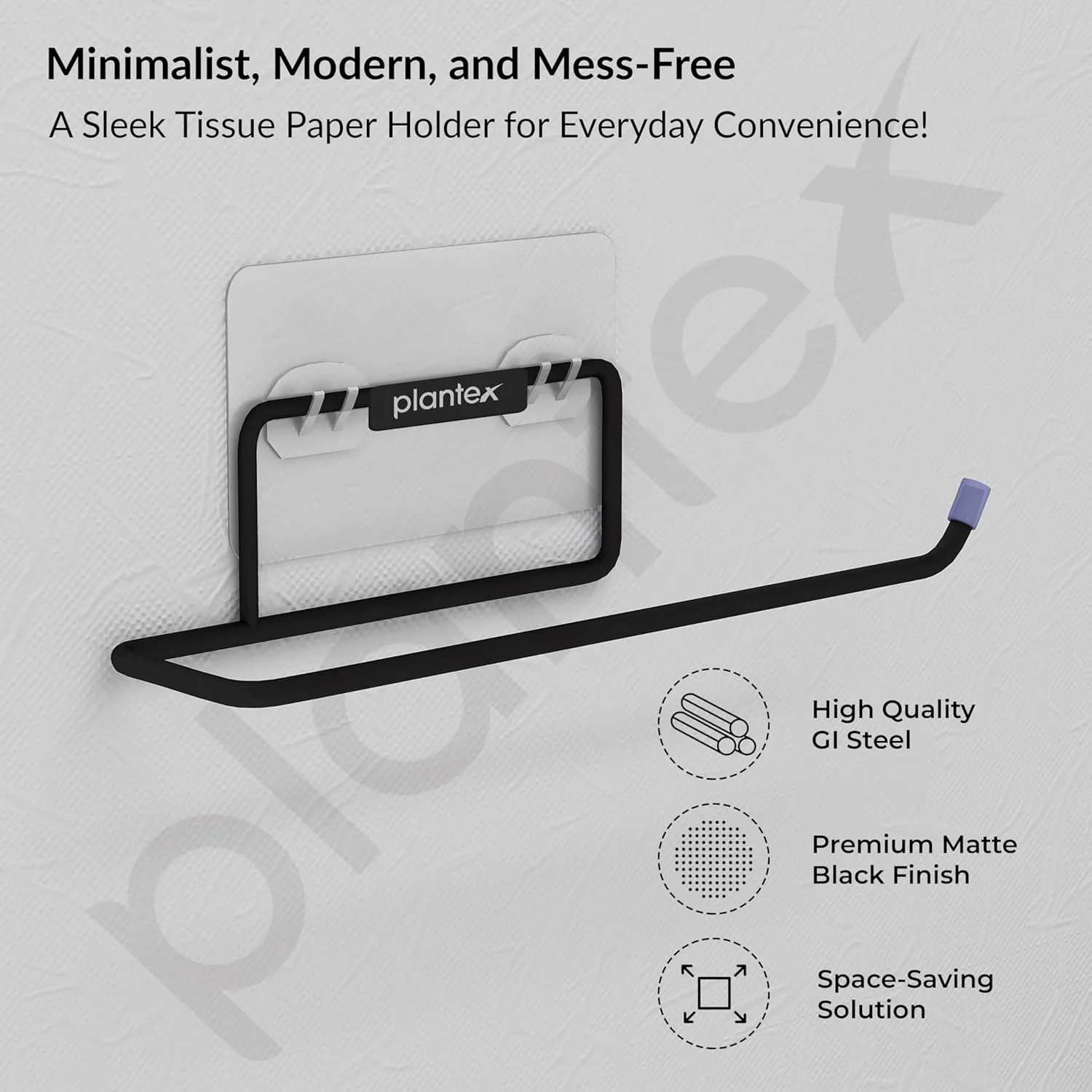 جا دستمال کاغذی چسبی Plantex از جنس فولاد گالوانیزه، مناسب دستشویی (مشکی - بسته 2 عددی)