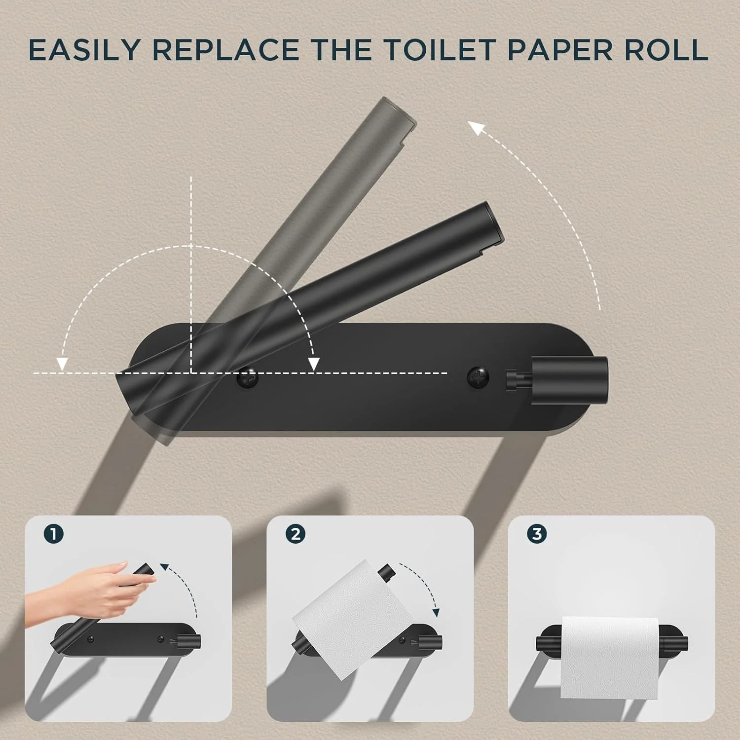 جا دستمال کاغذی توالت، دو پایه چرخان، استیل ضد زنگ 304، نیکل برس خورده، نصب دیواری با چسب یا پیچ برای حمام (مشکی مات)