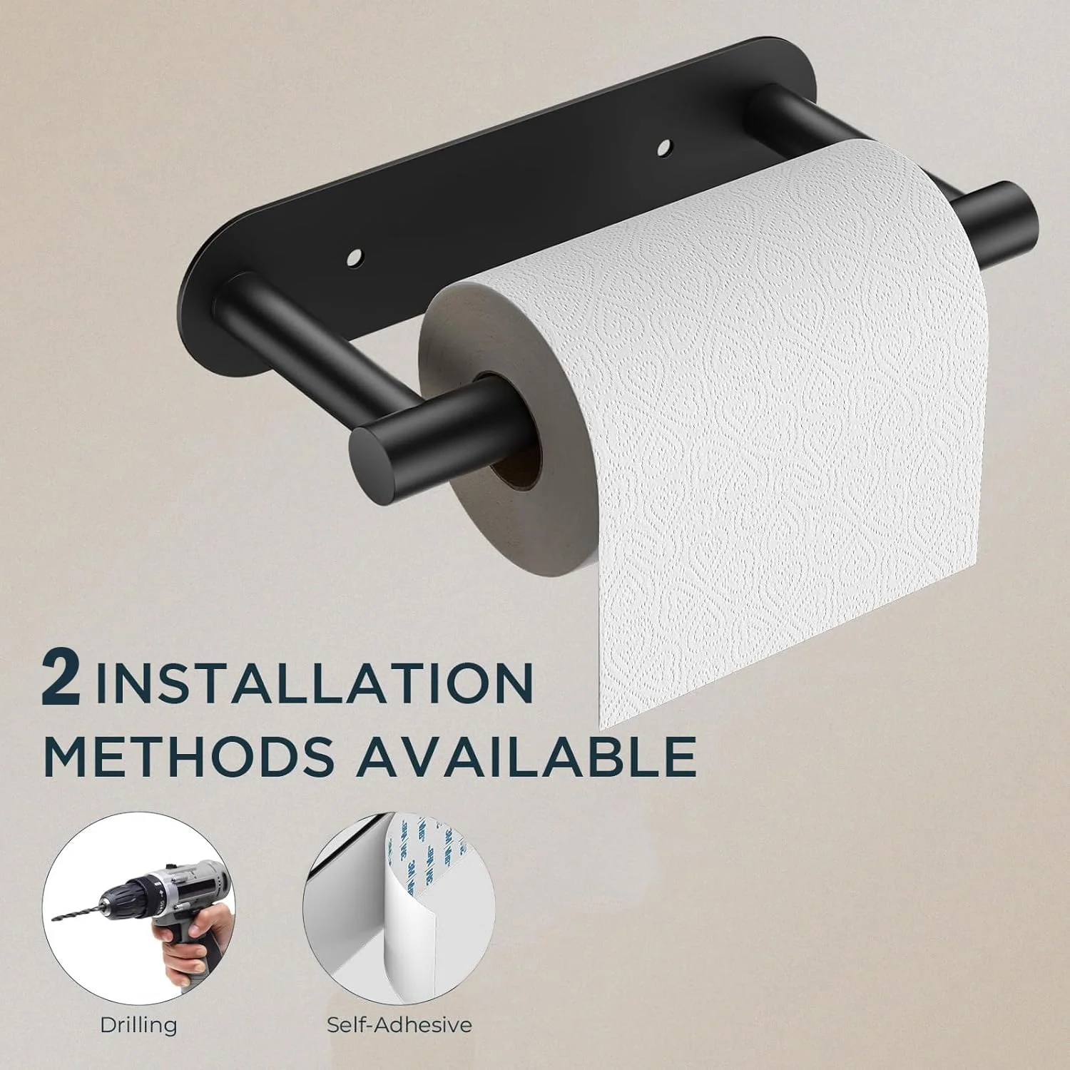 جا دستمال کاغذی توالت، دو پایه چرخان، استیل ضد زنگ 304، نیکل برس خورده، نصب دیواری با چسب یا پیچ برای حمام (مشکی مات)