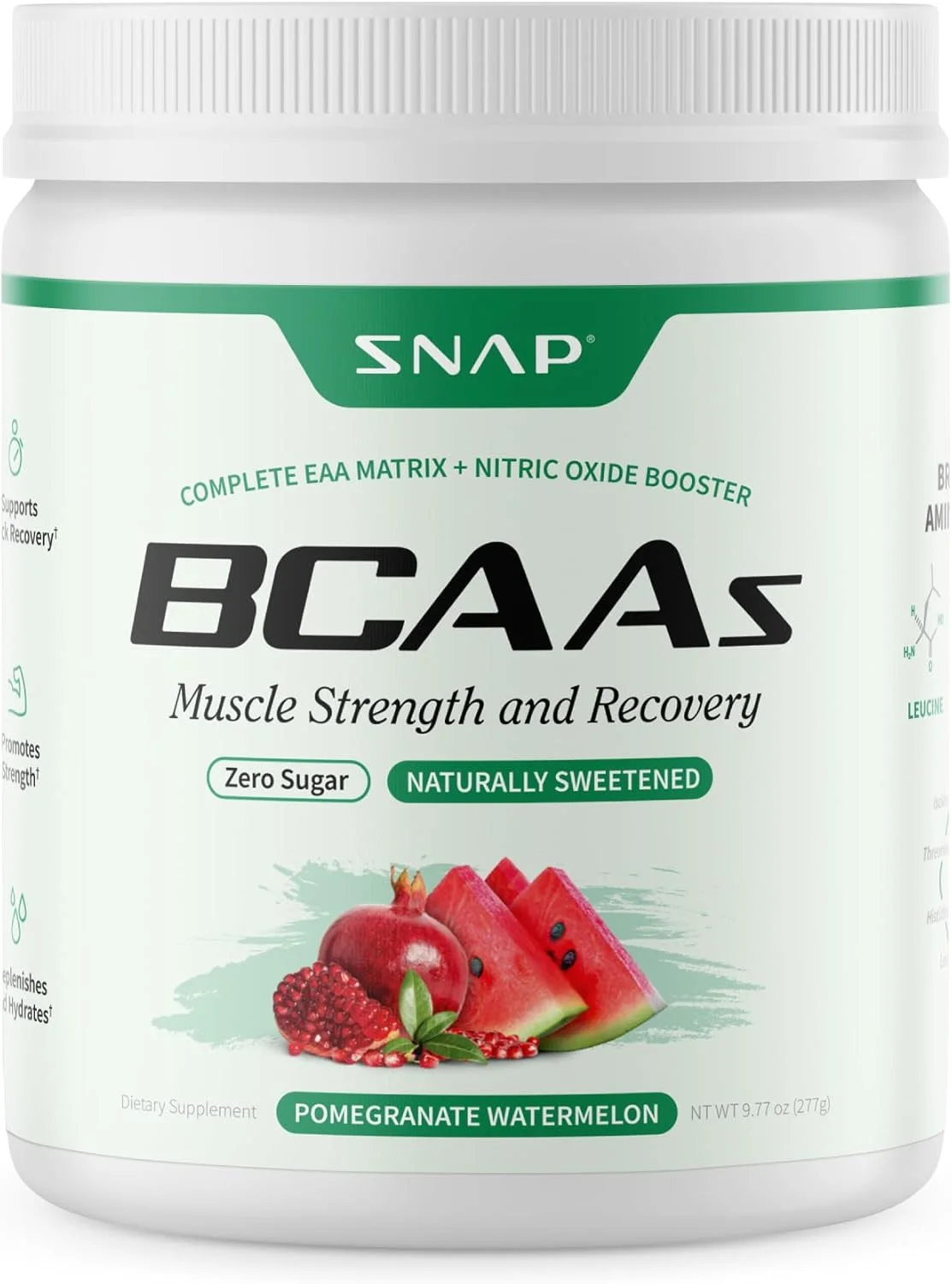 مکمل آمینو اسید ضروری BCAA گیاهی اسنپ ساپلمنت با تقویت کننده اکسید نیتریک | پودر قبل از تمرین، برای ریکاوری بعد از تمرین، قدرت عضلانی | مردان و زنان | انار هندوانه، 30 سروینگ