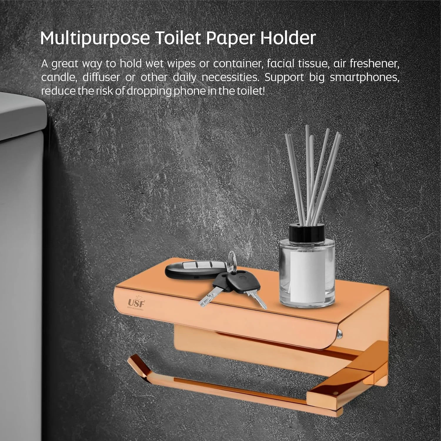 جا دستمال کاغذی توالت USF برای حمام، جا دستمال کاغذی استیل 304 در حمام، جا دستمال کاغذی رولی برای حمام، لوازم جانبی حمام (رزگلد، مربع)