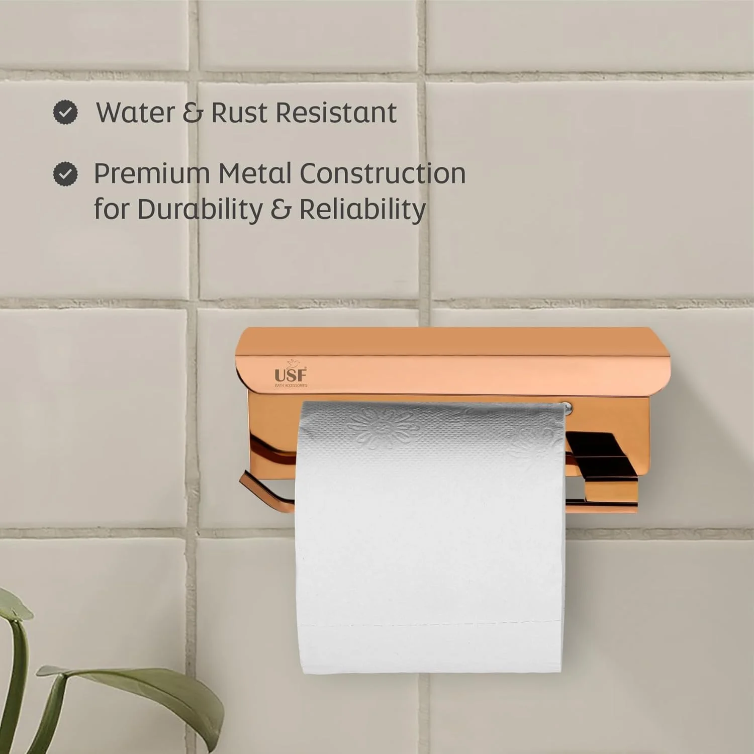 جا دستمال کاغذی توالت USF برای حمام، جا دستمال کاغذی استیل 304 در حمام، جا دستمال کاغذی رولی برای حمام، لوازم جانبی حمام (رزگلد، مربع)