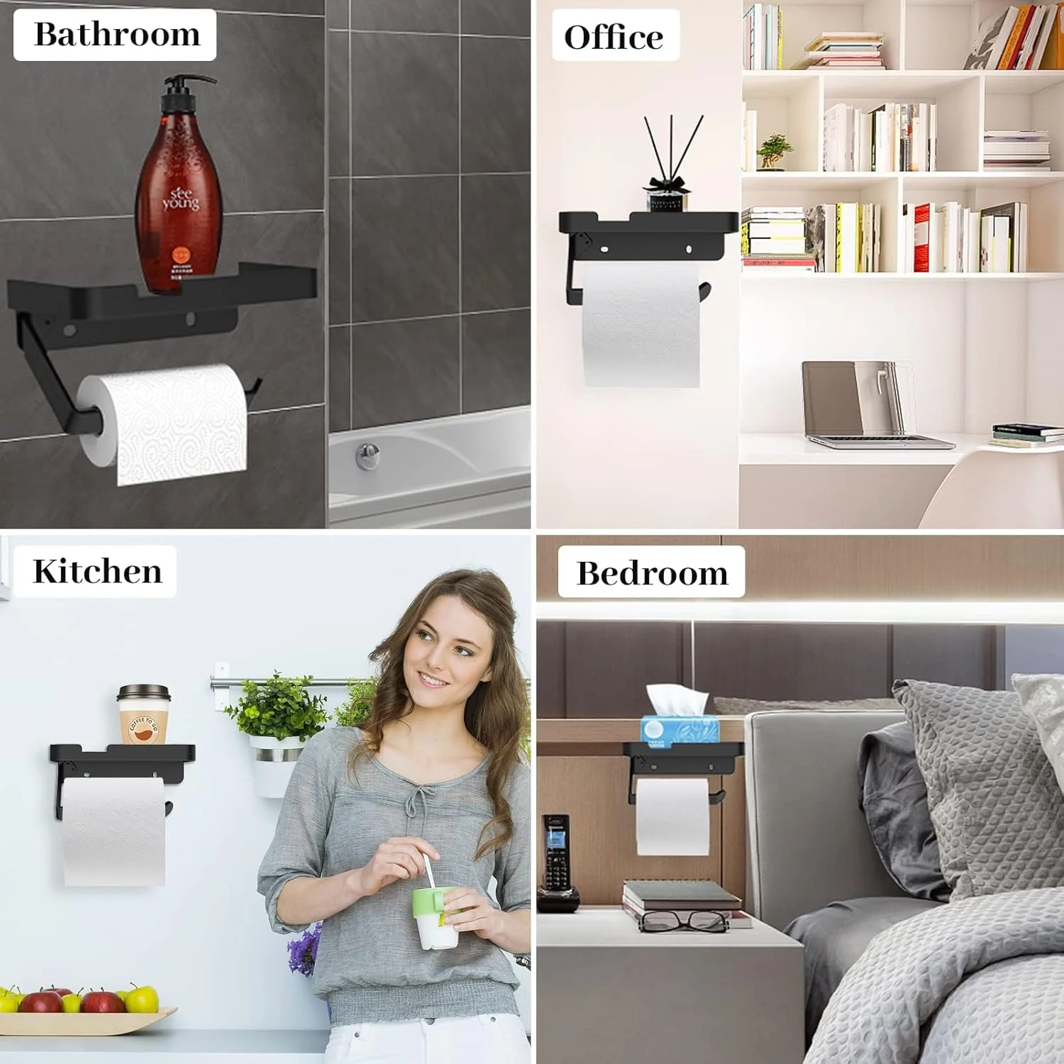 جا دستمال توالت چسبی OXTXO، مشکی، دیواری - جا دستمال کاغذی آلومینیومی با قفسه تلفن برای حمام - بدون نیاز به سوراخ کاری، مناسب برای حمام و آشپزخانه، مشکی