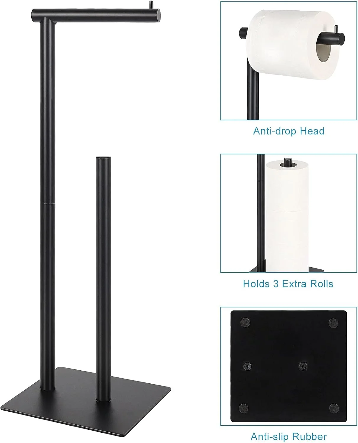 OYEAL Toilet Paper Stand Toilet Paper Roll Holder Stand Freestanding Toilet Paper Holder for Bathroom Toilet Tissue Storage Black Metal