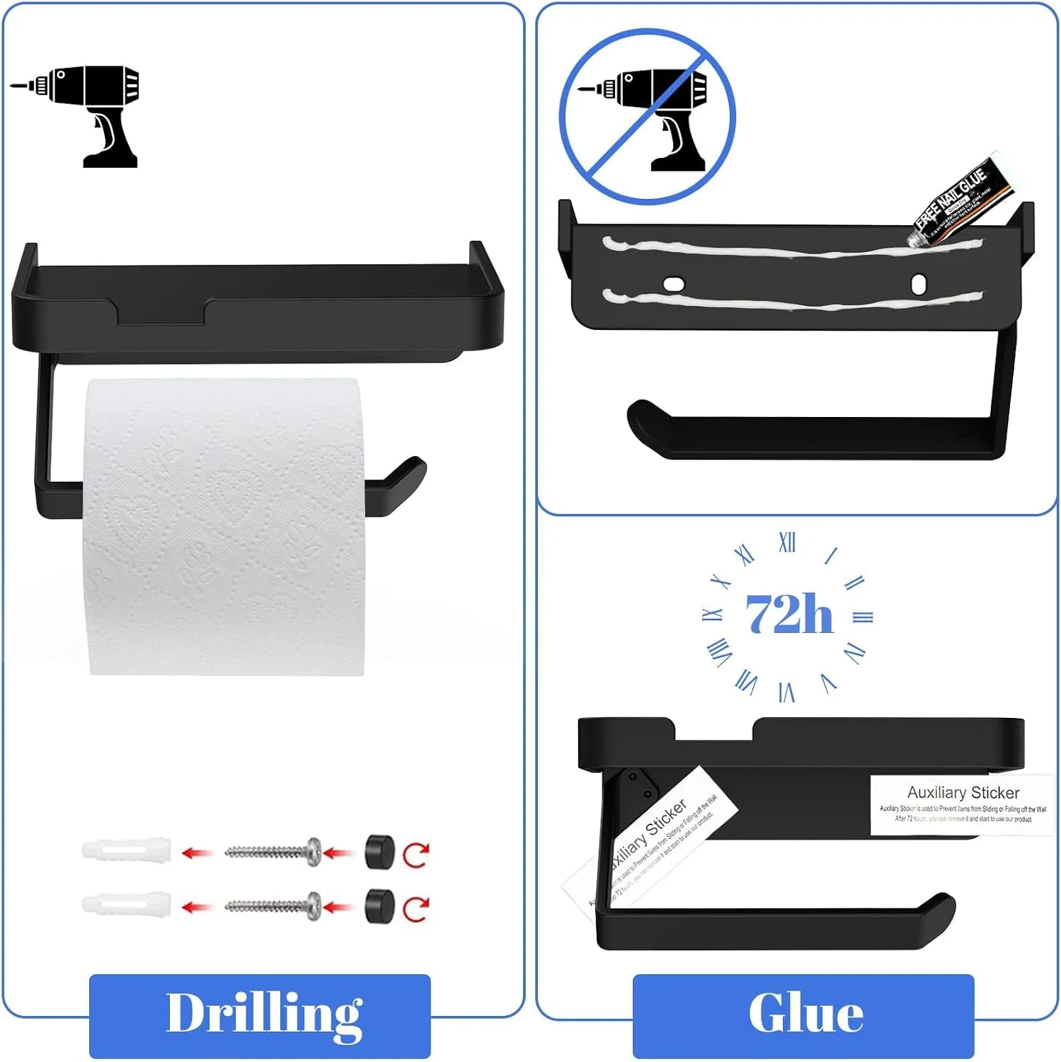 جا دستمال توالت چسبی OXTXO، مشکی، دیواری - جا دستمال کاغذی آلومینیومی با قفسه تلفن برای حمام - بدون نیاز به سوراخ کاری، مناسب برای حمام و آشپزخانه، مشکی