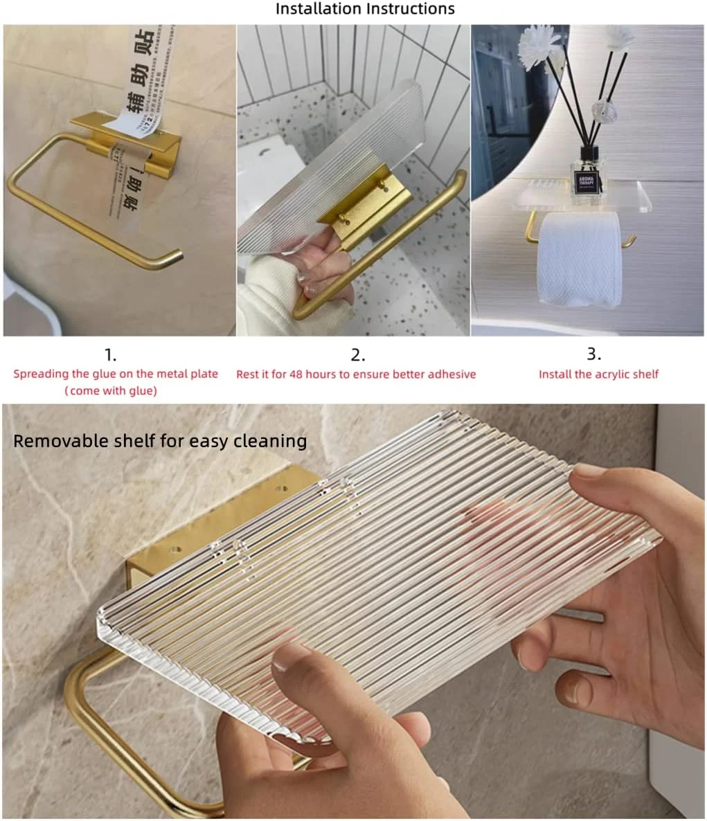 جا دستمال توالت مدرن OTTOSON با قفسه اکریلیک، جا دستمال کاغذی طلایی Ottoson برای حمام، جا دستمال کاغذی چسبی دیواری، نصب با چسب بدون نیاز به سوراخکاری یا پیچ
