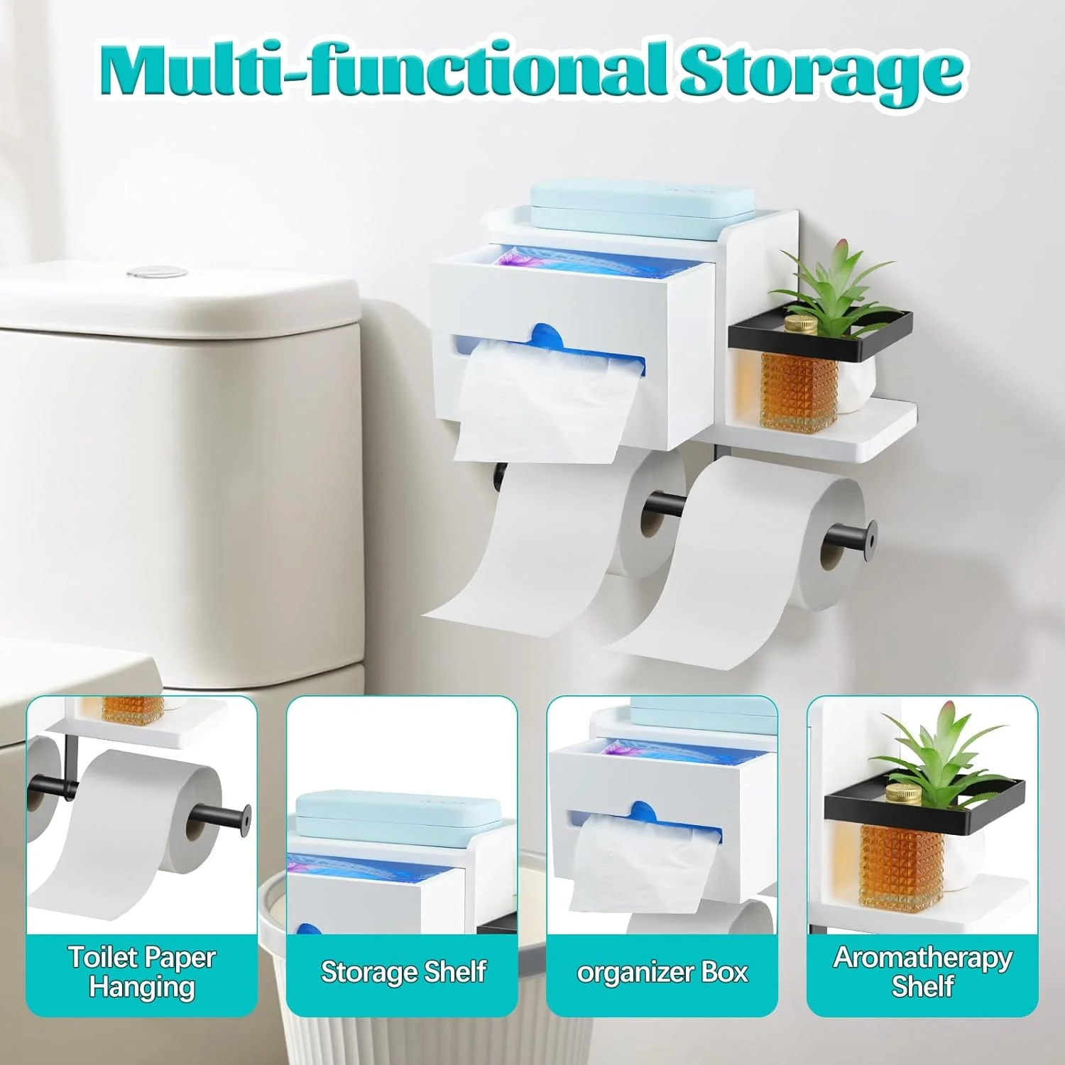 نگهدارنده رول توالت چوبی OT-NVWOZR با قفسه، نگهدارنده کاغذ توالت دیواری با جعبه دستمال مرطوب برای نگهداری، پخش کننده کاغذ دستمال کاغذی مدرن برای آشپزخانه حمام