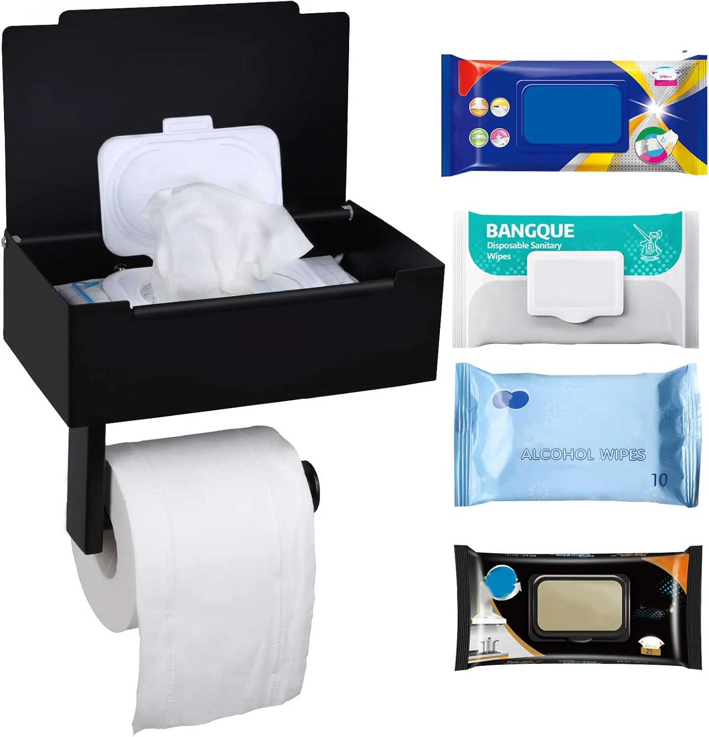 نگهدارنده بزرگ دستمال توالت مشکی Oppoverd با قفسه و محفظه نگهداری، جای دستمال مرطوب فلاش‌خور برای حمام - دستمال‌های مرطوب خود را دور از دید پنهان کنید - نصب دیواری استیل ضد زنگ