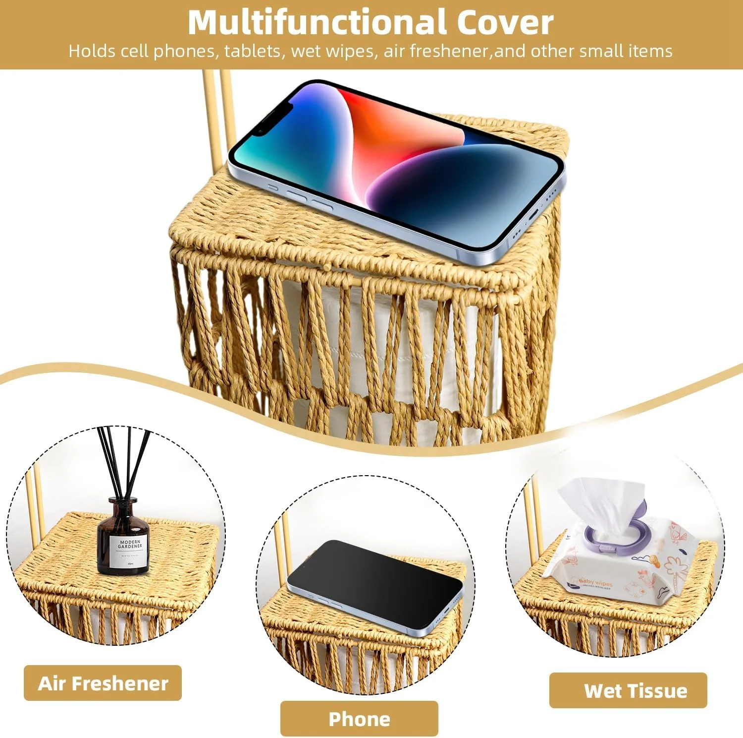 جا دستمال کاغذی ایستاده اورانول، بسته 2 عددی، دارای قفسه، نگهدارنده دستمال توالت زمینی حمام، بافته شده دستی، پایه مربع، سبد ذخیره سازی و پخش کننده