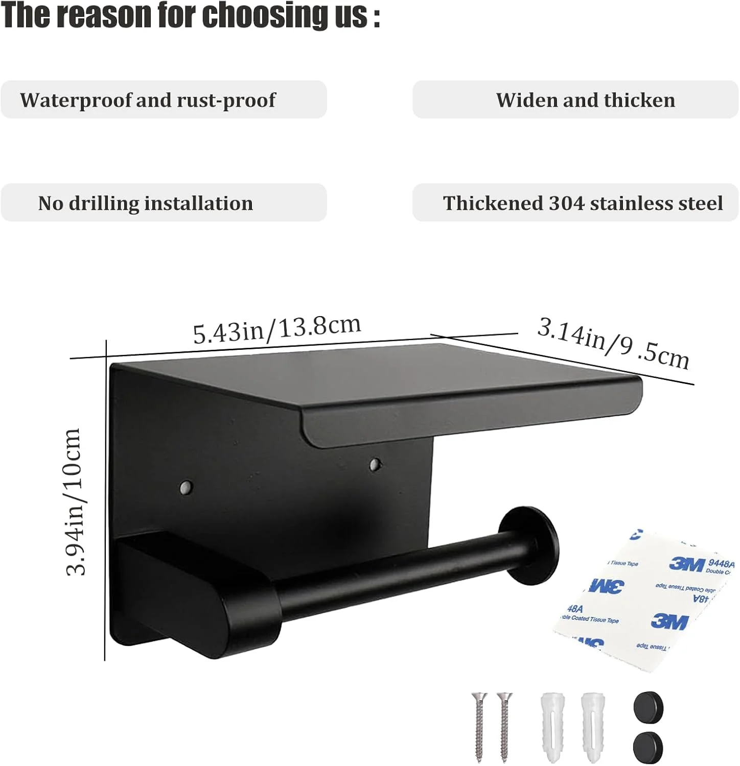 Olsdeeool Toilet Paper Holder Matte Black, 304 Stainless Steel Toilet Paper Holder with Phone Shelf Screw Mounted and Self Adhesive Tissue Roll Holder for Hotel Bathroom