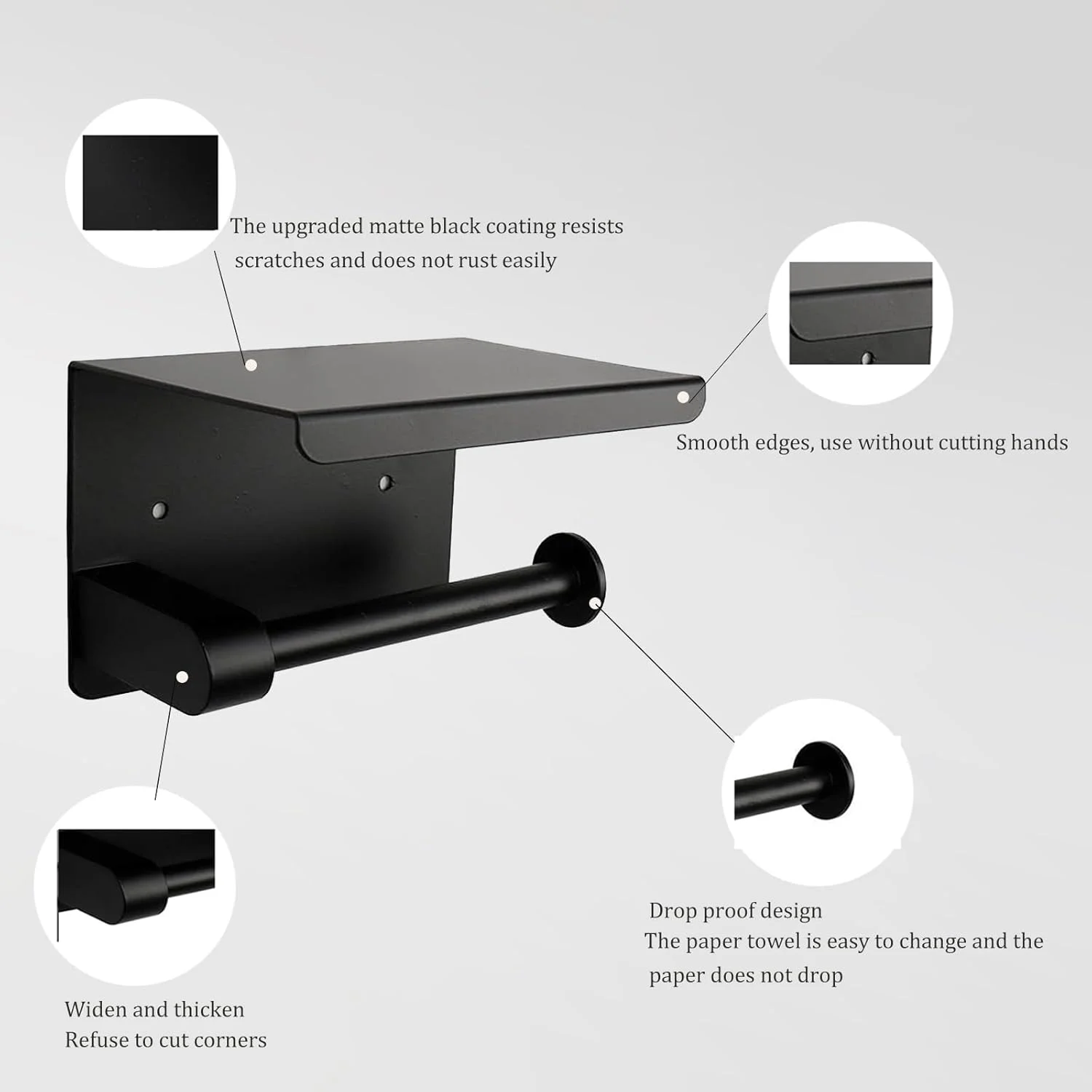 Olsdeeool Toilet Paper Holder Matte Black, 304 Stainless Steel Toilet Paper Holder with Phone Shelf Screw Mounted and Self Adhesive Tissue Roll Holder for Hotel Bathroom