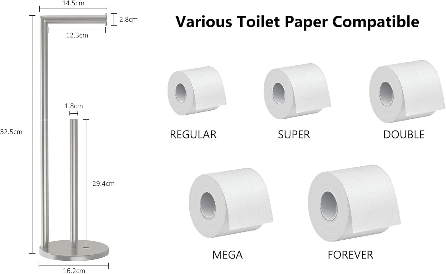 جا دستمال کاغذی ایستاده نوسن، استیل ضد زنگ، جا دستمال کاغذی حمام، چند رول، طراحی 4 رول اضافی با شاسی سنگین (نقره ای)