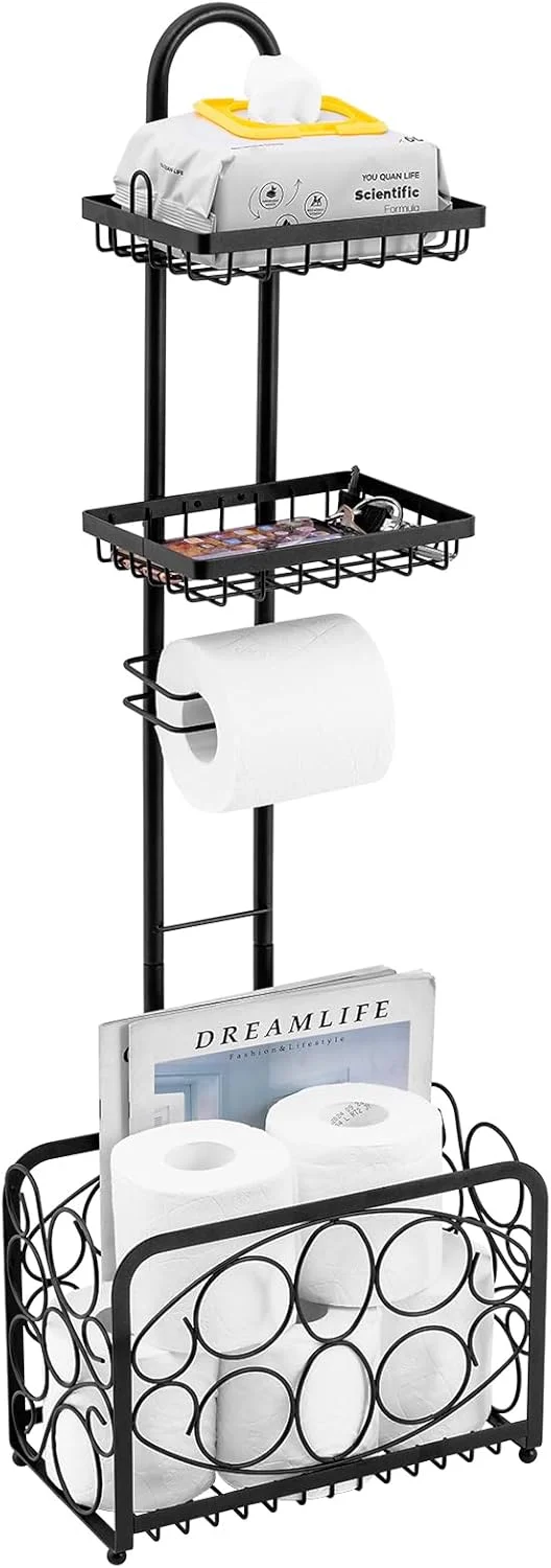 Oasis Creations Toilet Paper Holder Tissue Rack Stand with Magazine Toilet Roll Storage Basket- Freestanding, Black Metal