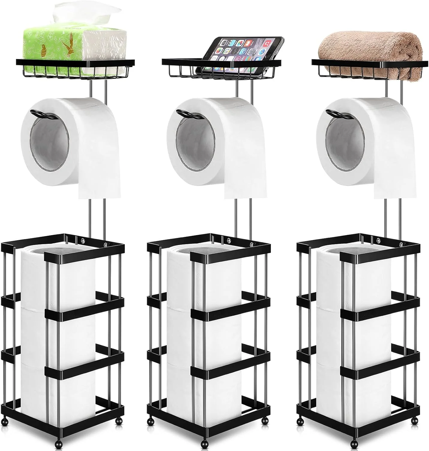 جا دستمال کاغذی ایستاده نووگو، 3 تکه، با قفسه، پخش کننده رول دستمال کاغذی، نگهدارنده دستمال توالت حمام، ایستاده، مشکی، با 4 پایه برجسته برای نگهداری در حمام، مناسب برای رول های بزرگ
