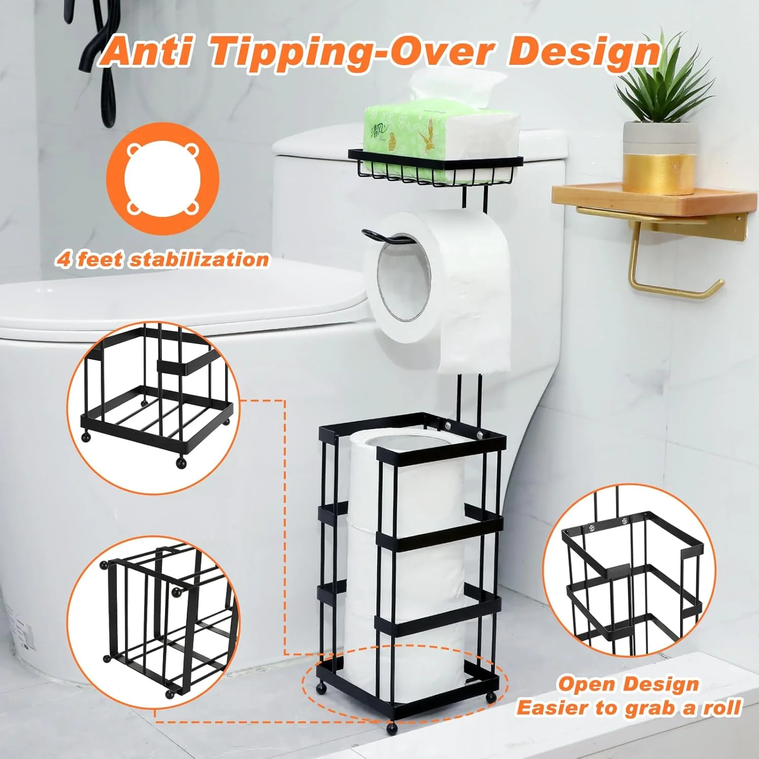 جا دستمال کاغذی ایستاده نووگو، 3 تکه، با قفسه، پخش کننده رول دستمال کاغذی، نگهدارنده دستمال توالت حمام، ایستاده، مشکی، با 4 پایه برجسته برای نگهداری در حمام، مناسب برای رول های بزرگ