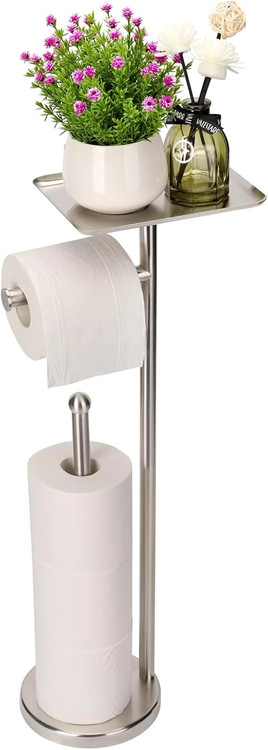 Noonext Toilet Paper Holder with Shelf, Freestanding Toilet Paper Stand with Tray for Small Items, Toilet Paper Holder Free Standing, Storage Space for 4 Extra Toilet Paper Rolls (Brushed Nickel)