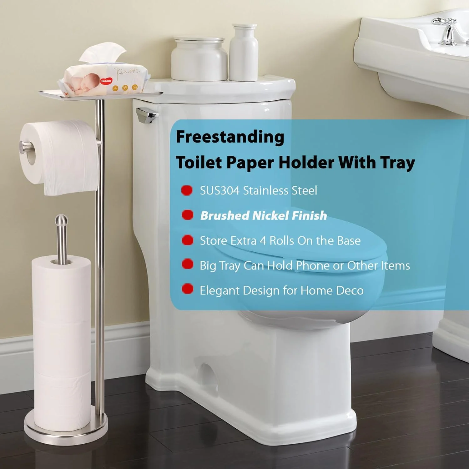 Noonext Toilet Paper Holder with Shelf, Freestanding Toilet Paper Stand with Tray for Small Items, Toilet Paper Holder Free Standing, Storage Space for 4 Extra Toilet Paper Rolls (Brushed Nickel)