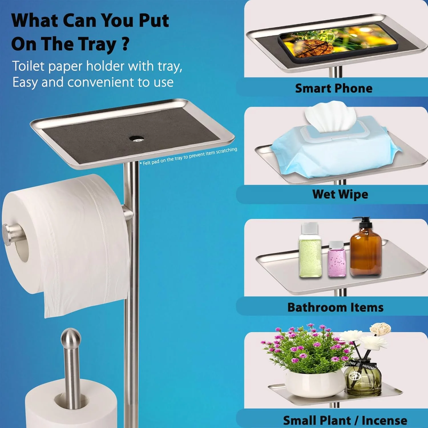 Noonext Toilet Paper Holder with Shelf, Freestanding Toilet Paper Stand with Tray for Small Items, Toilet Paper Holder Free Standing, Storage Space for 4 Extra Toilet Paper Rolls (Brushed Nickel)