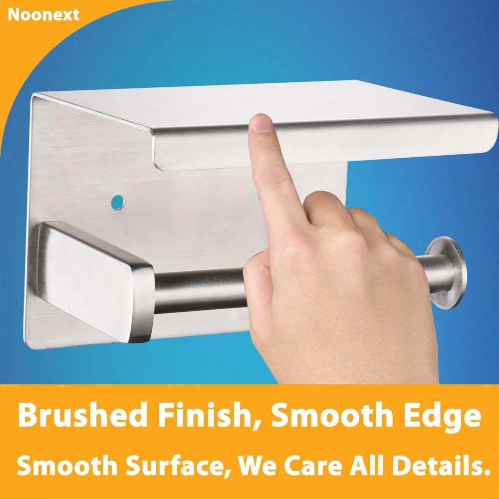 جا دستمال کاغذی توالت Noonext با قفسه، جا دستمال کاغذی رولی خود چسب مناسب رول بزرگ، پخش کننده دستمال کاغذی استیل ضد زنگ، نصب دیواری بدون سوراخکاری (نیکل برس خورده)