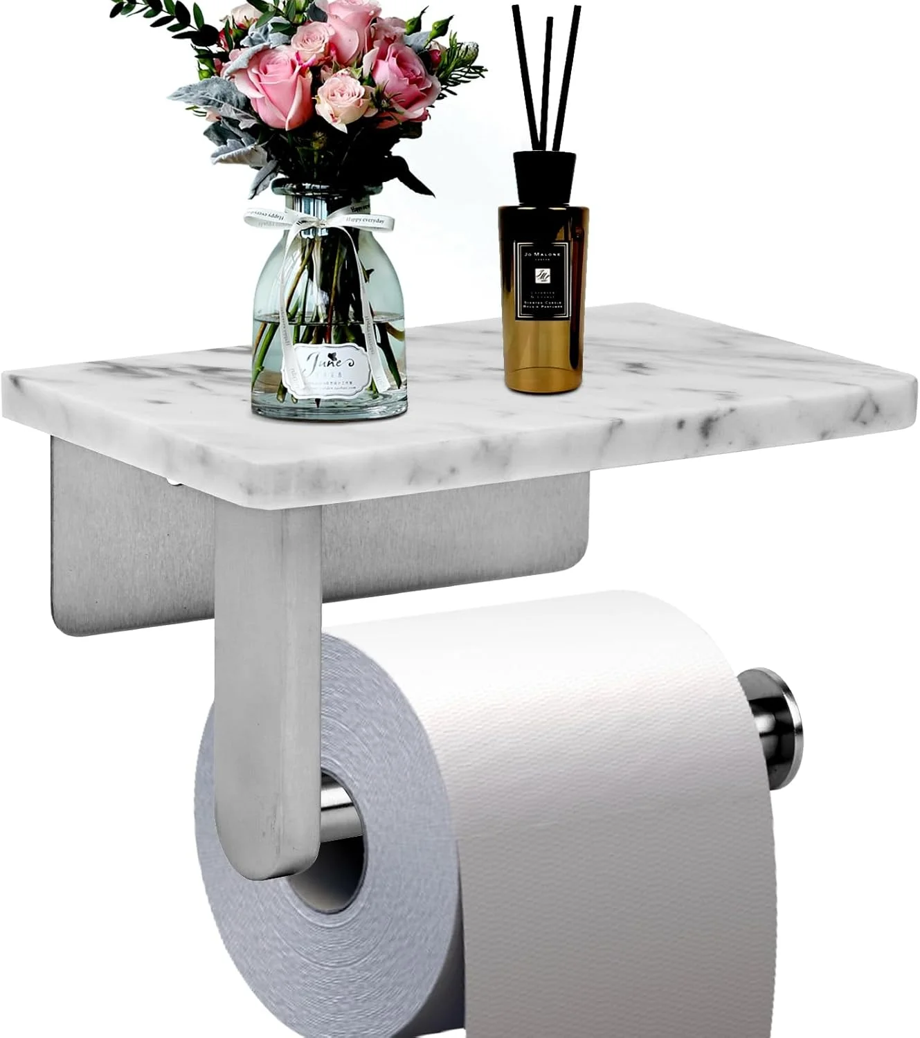 نگهدارنده دستمال توالت نودافور با قفسه سنگ مرمر طبیعی برای سرویس بهداشتی، نگهدارنده دستمال کاغذی دیواری مناسب برای رول بزرگ (کوچک 17 * 11 سانتی متر نیکل برس خورده)