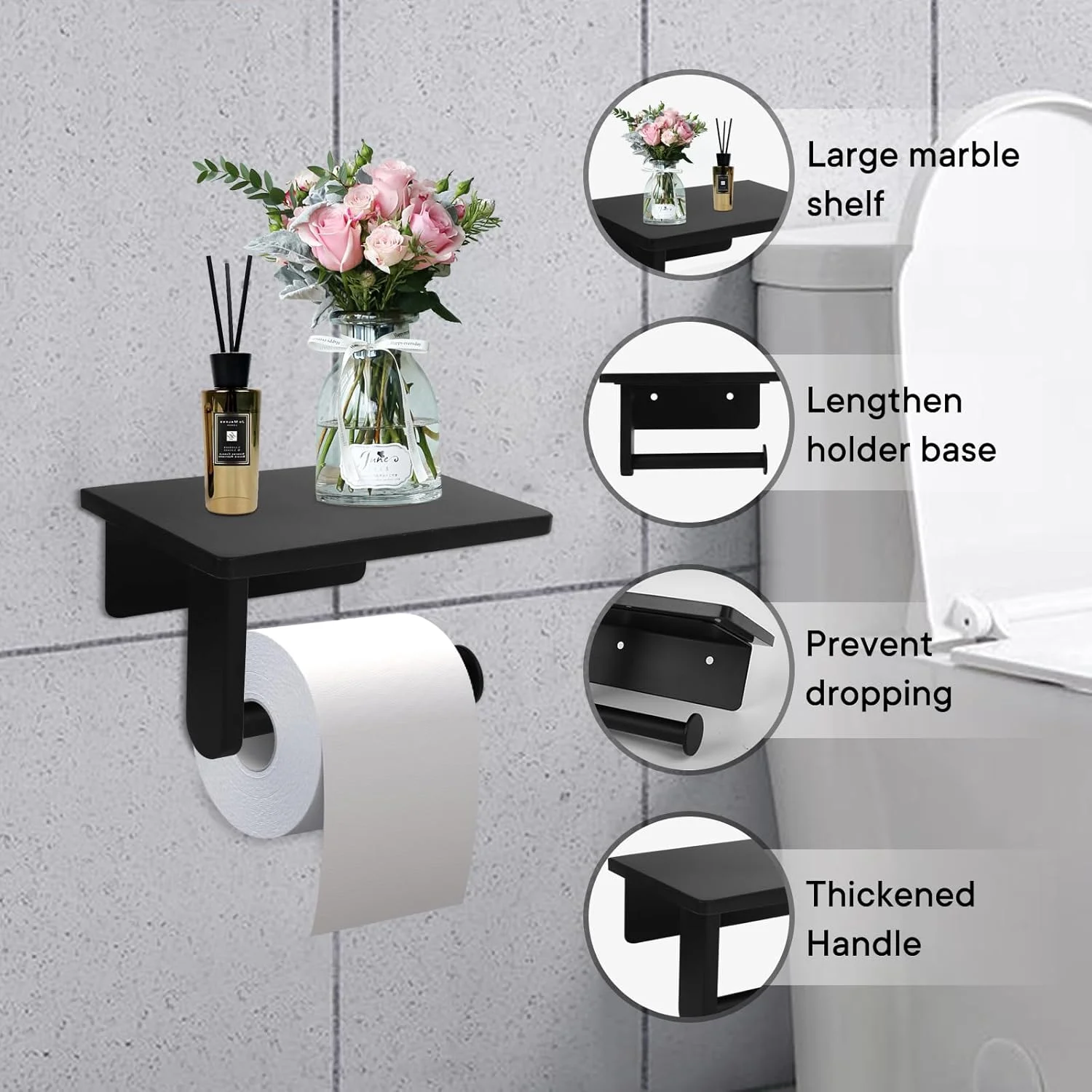 نگهدارنده دستمال توالت نودافور با قفسه مرمری برای سرویس بهداشتی، نگهدارنده دستمال کاغذی دیواری مناسب برای رول بزرگ (کوچک 17 * 11 سانتی متر، مشکی)