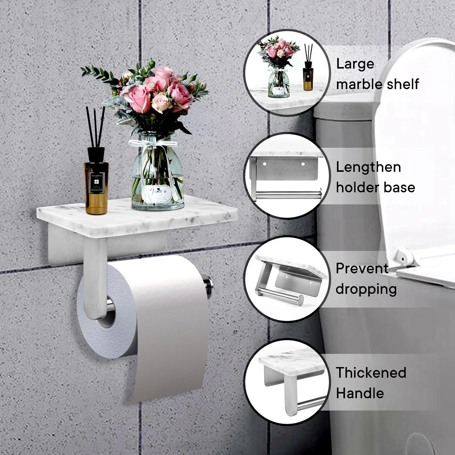 نگهدارنده دستمال توالت نودافور با قفسه سنگ مرمر طبیعی برای سرویس بهداشتی، نگهدارنده دستمال کاغذی دیواری مناسب برای رول بزرگ (کوچک 17 * 11 سانتی متر نیکل برس خورده)
