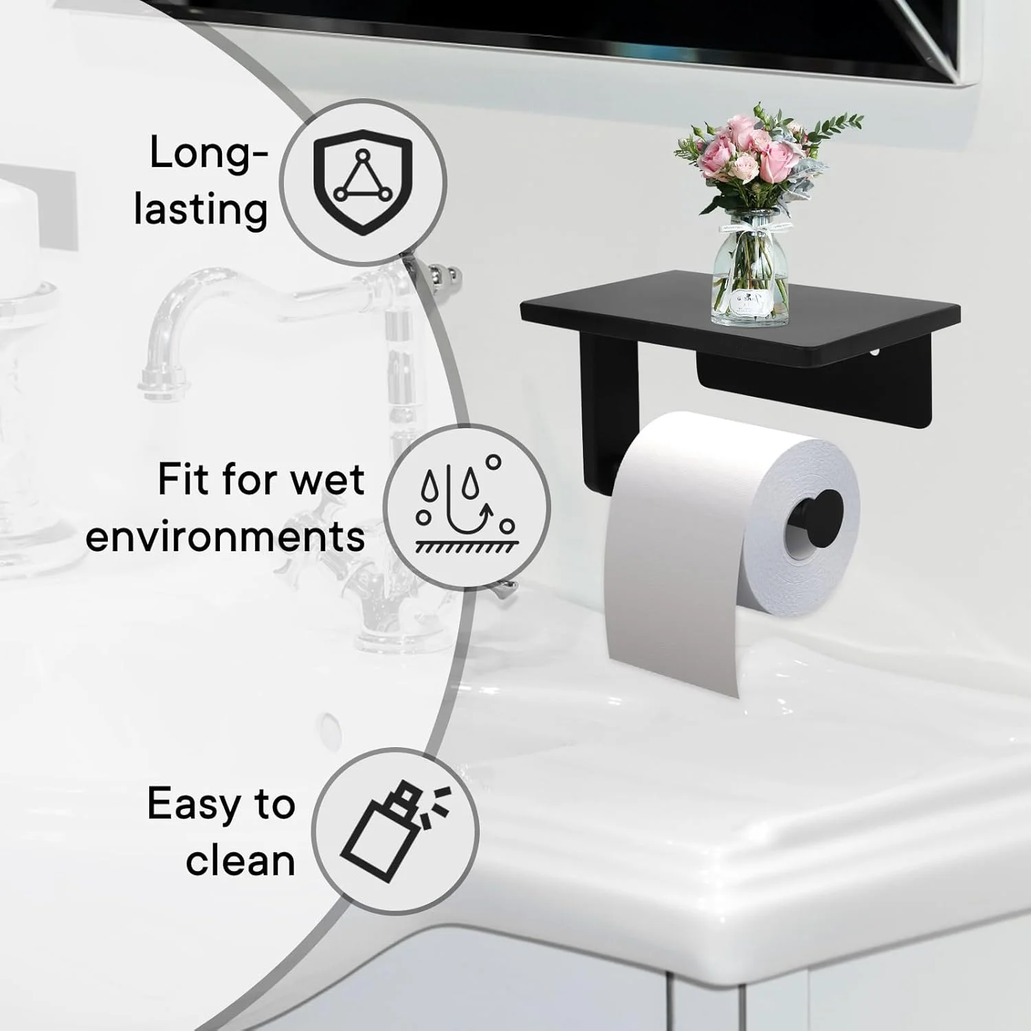 نگهدارنده دستمال توالت نودافور با قفسه مرمری برای سرویس بهداشتی، نگهدارنده دستمال کاغذی دیواری مناسب برای رول بزرگ (کوچک 17 * 11 سانتی متر، مشکی)