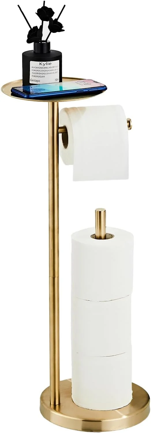 پایه نگهدارنده دستمال توالت، پایه نگهدارنده دستمال توالت استیل ضد زنگ NEWRAIN با پایه ضد لغزش و قفسه برای تلفن و وسایل کوچک، نگهدارنده رول دستمال کاغذی طلایی برس خورده با محفظه ذخیره سازی
