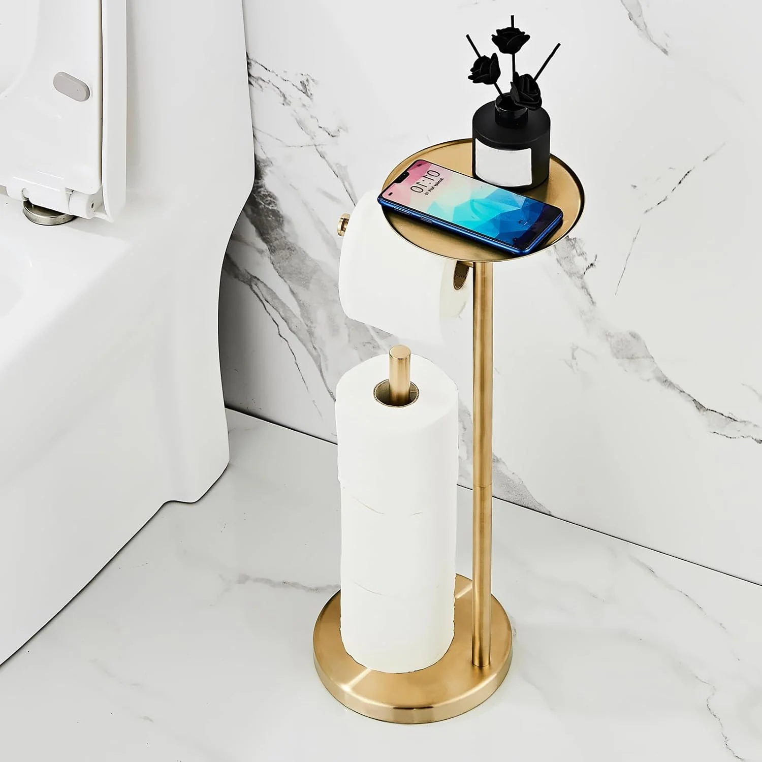 پایه نگهدارنده دستمال توالت، پایه نگهدارنده دستمال توالت استیل ضد زنگ NEWRAIN با پایه ضد لغزش و قفسه برای تلفن و وسایل کوچک، نگهدارنده رول دستمال کاغذی طلایی برس خورده با محفظه ذخیره سازی