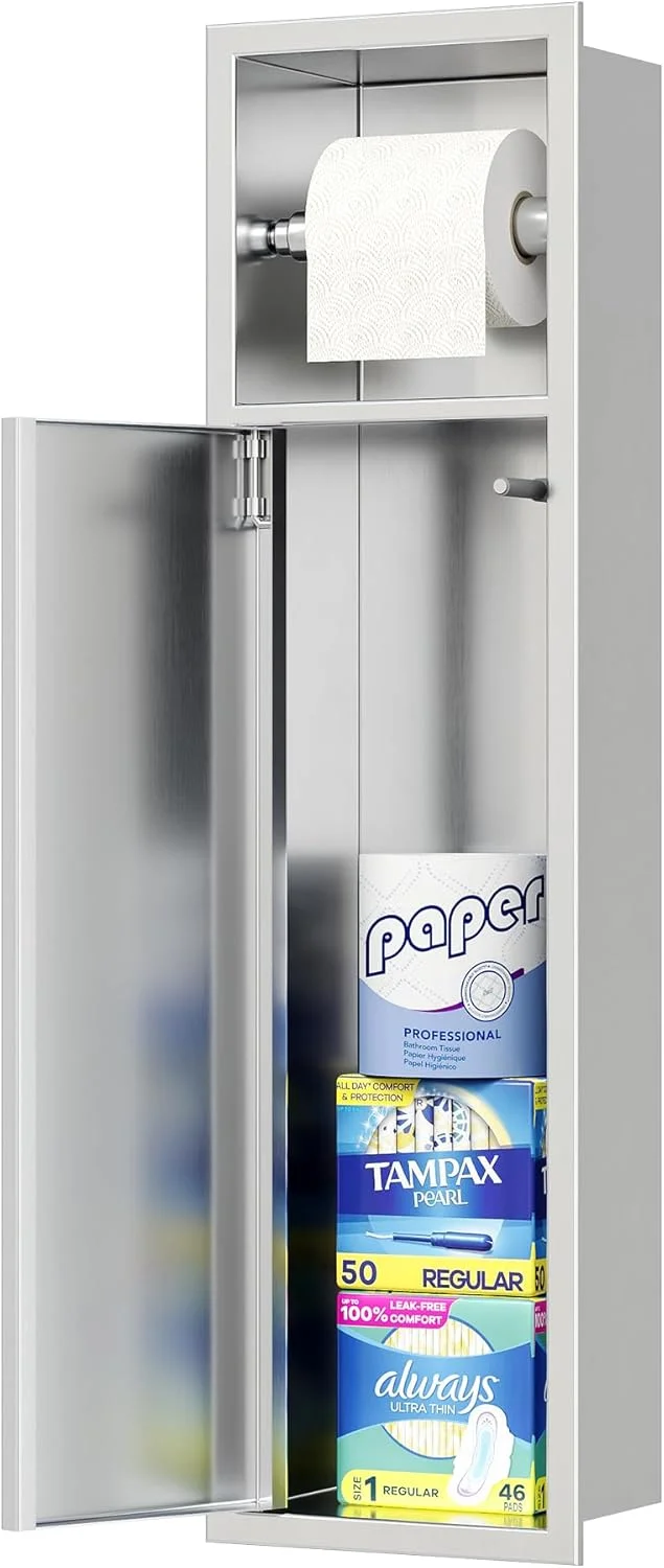 جا دستمال کاغذی توکار Neodrain، جا دستمال توالت نیکل برس خورده با کابینت ذخیره سازی برای جا برس توالت، جا دستمال کاغذی رولی دیواری استیل ضد زنگ 304 مناسب حمام