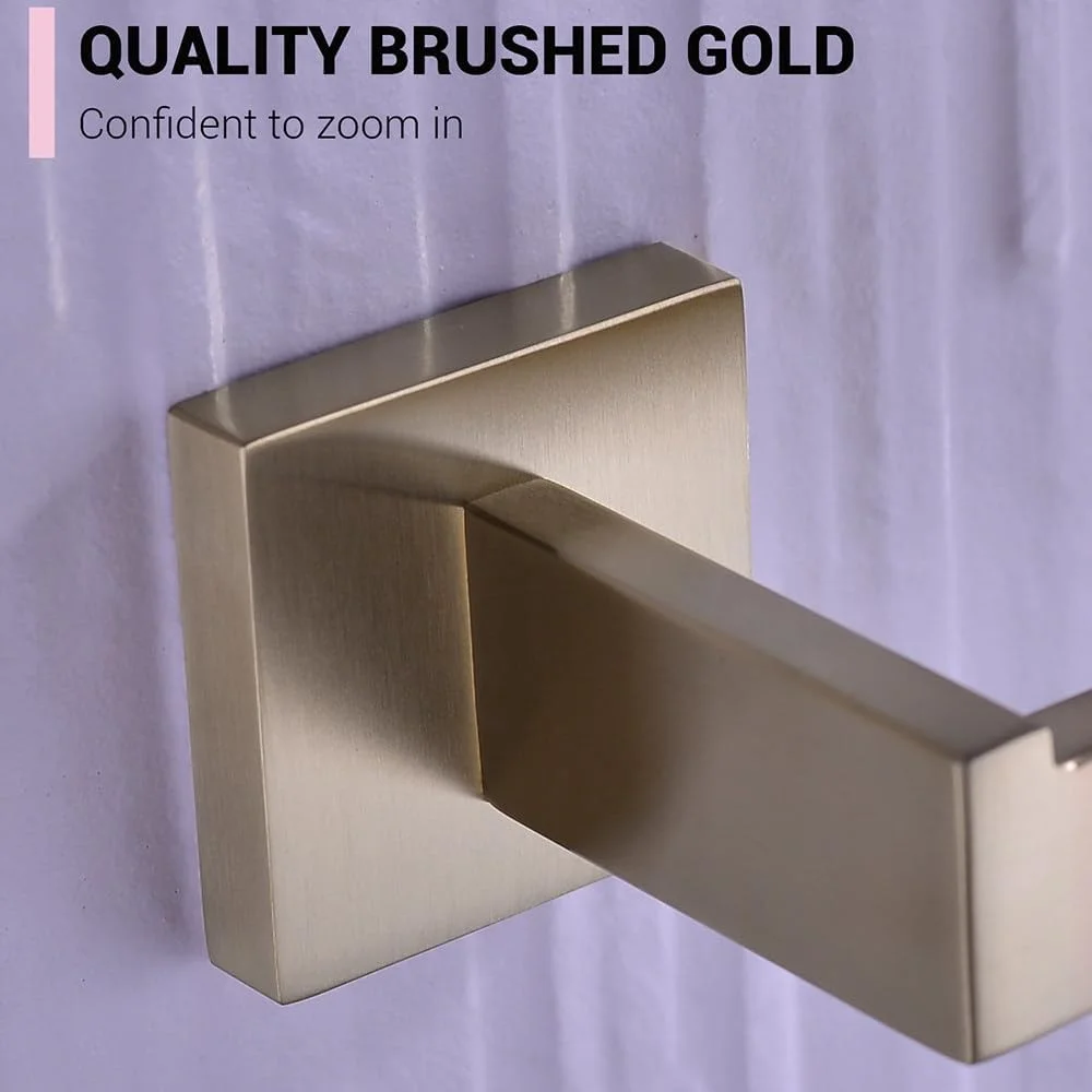 ست لوازم جانبی حمام NevStp طلایی برس خورده شامل قلاب لباس، قفسه دیواری، جا دستمال توالت، جا حوله ای، آویز لباس و جا کاغذی