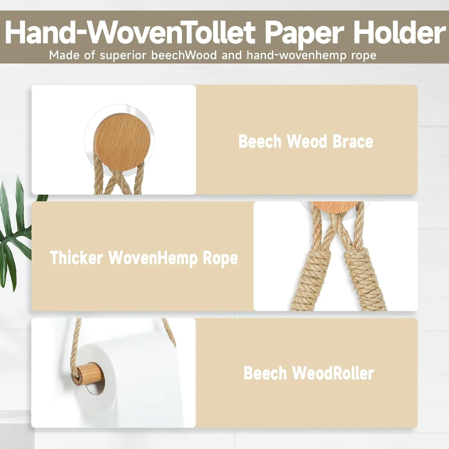 جا دستمال کاغذی دیواری چوبی و طنابی مویزات، حلقه حوله طنابی دریایی، نگهدارنده رول دستمال کاغذی روستیک، لوازم جانبی حمام حصیری دریایی با پیچ بدون درز خود چسب