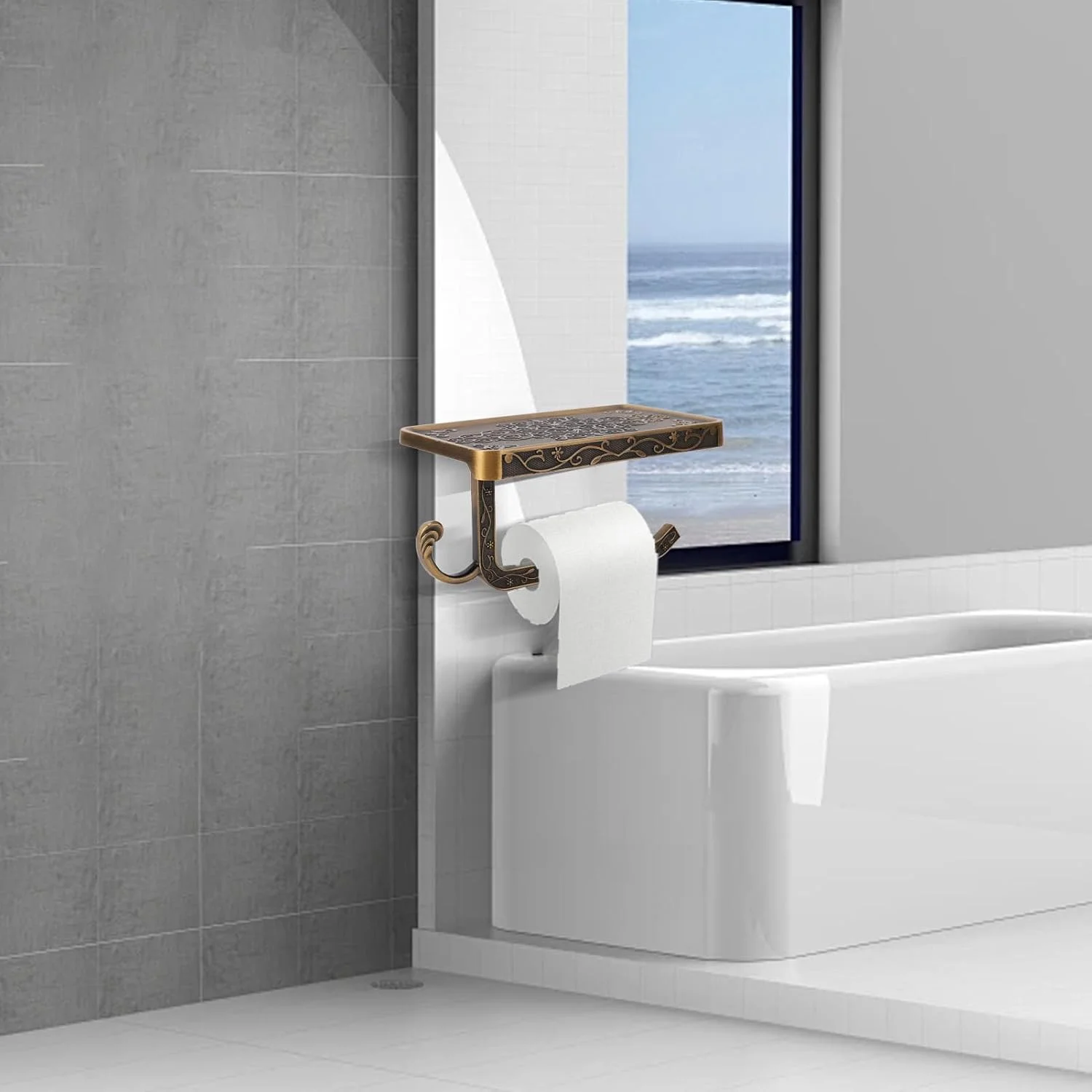 جا دستمال کاغذی امسیود با قفسه، نگهدارنده رول دستمال کاغذی دیواری طرح قدیمی، استند چند منظوره ذخیره سازی، ضد لغزش، مناسب برای وسایل کوچک، لوازم جانبی دکوری، دستمال مرطوب، تلفن همراه، فلزی