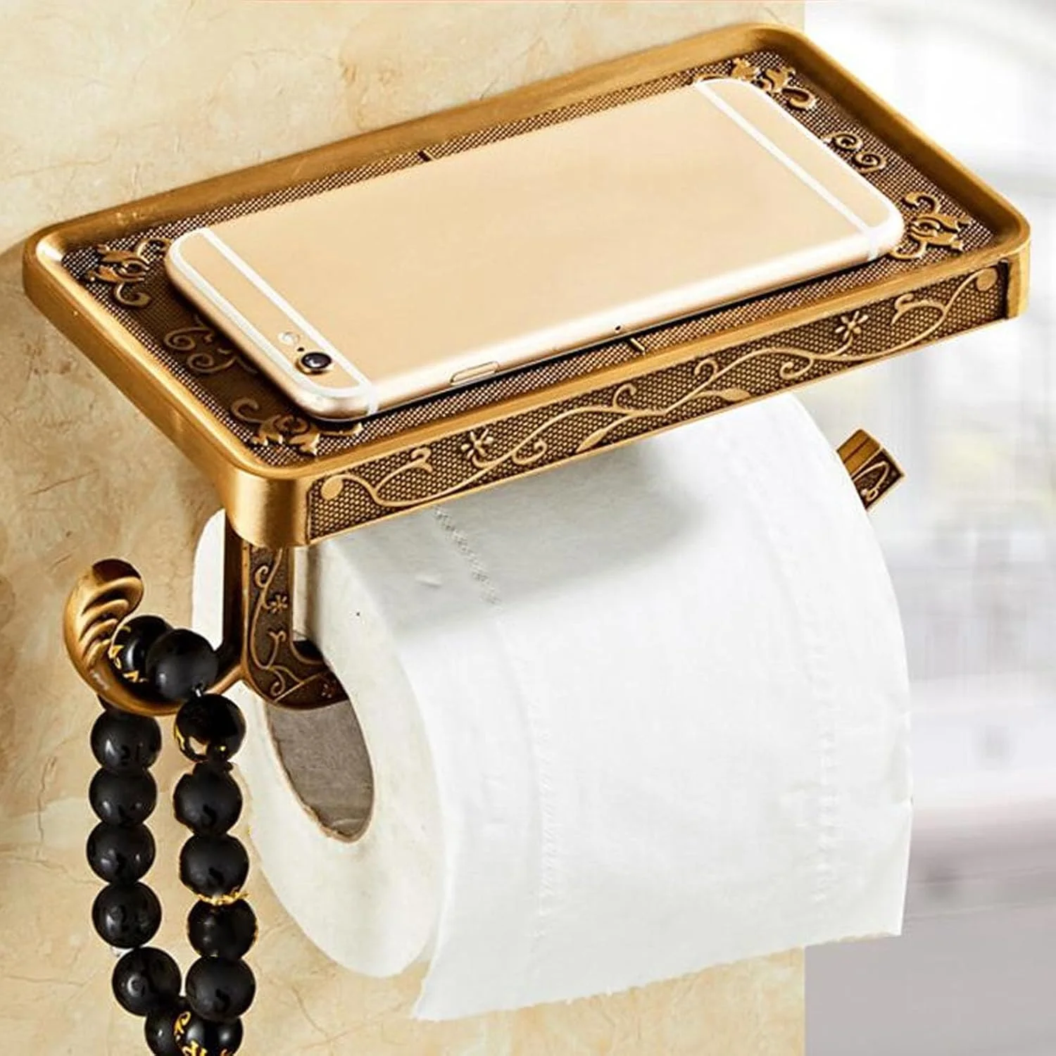 جا دستمال کاغذی امسیود با قفسه، نگهدارنده رول دستمال کاغذی دیواری طرح قدیمی، استند چند منظوره ذخیره سازی، ضد لغزش، مناسب برای وسایل کوچک، لوازم جانبی دکوری، دستمال مرطوب، تلفن همراه، فلزی