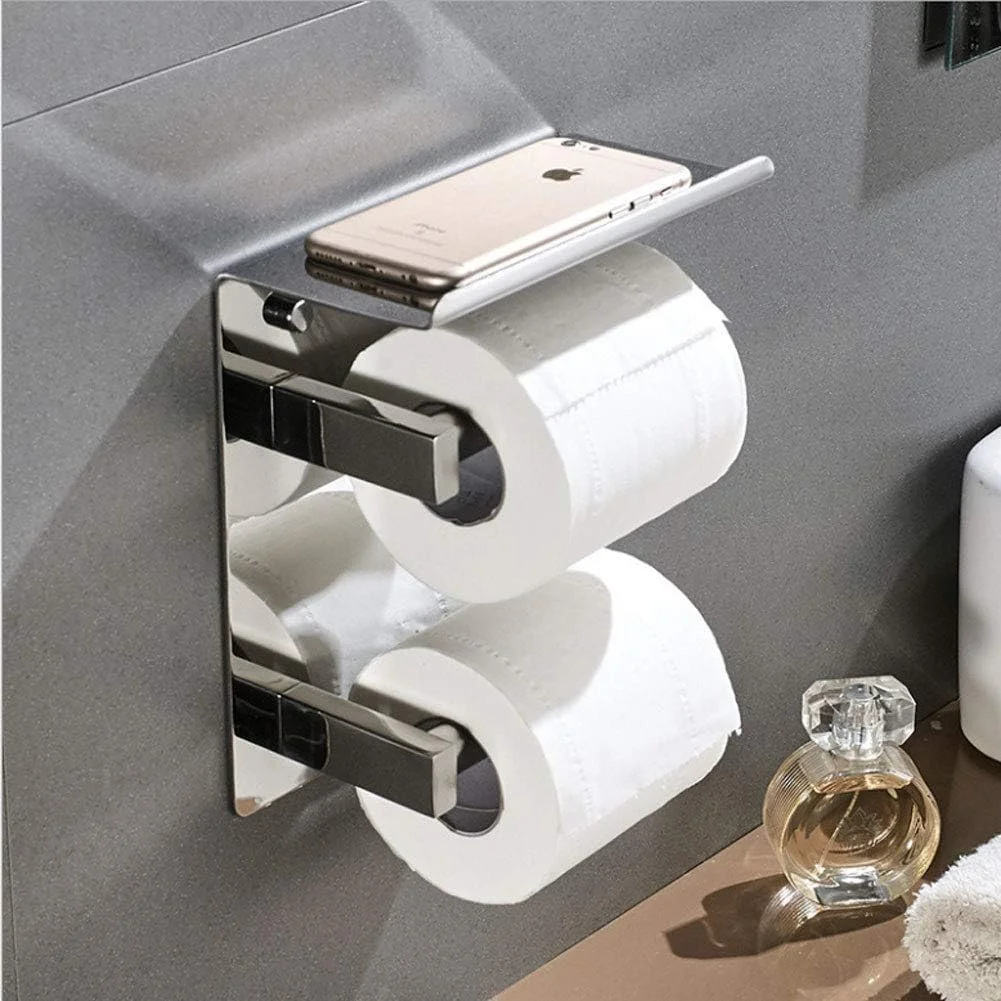 جا دستمال کاغذی دیواری با قفسه، جا حوله کاغذی دو رولی استیل ضد زنگ، بدون نیاز به سوراخکاری/سوراخکاری، 13.5×21 سانتی متر